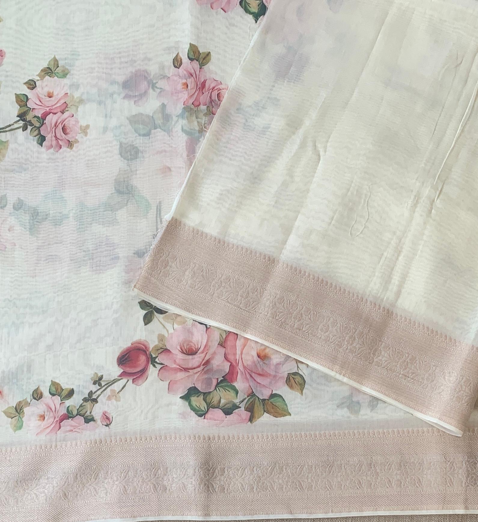 Ivory Pure Handloom Chiniya Silk Saree with stunning Floral Print and zari borders