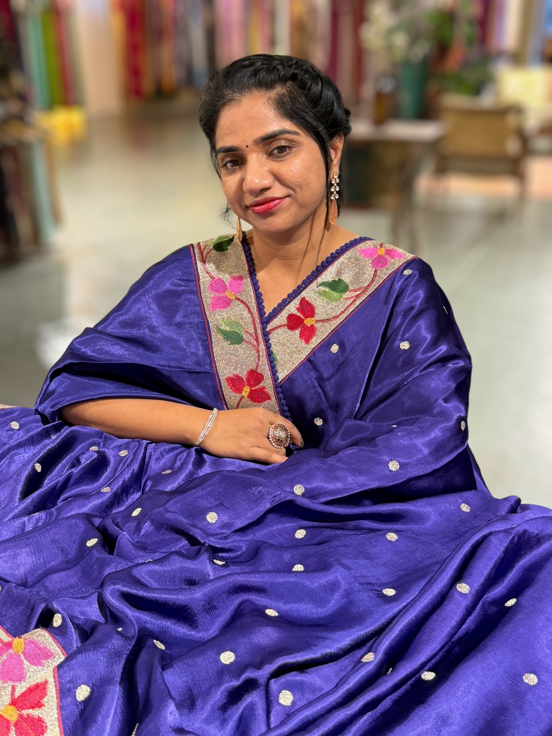 Violet Satin Saree with Paithani Embroidered Border