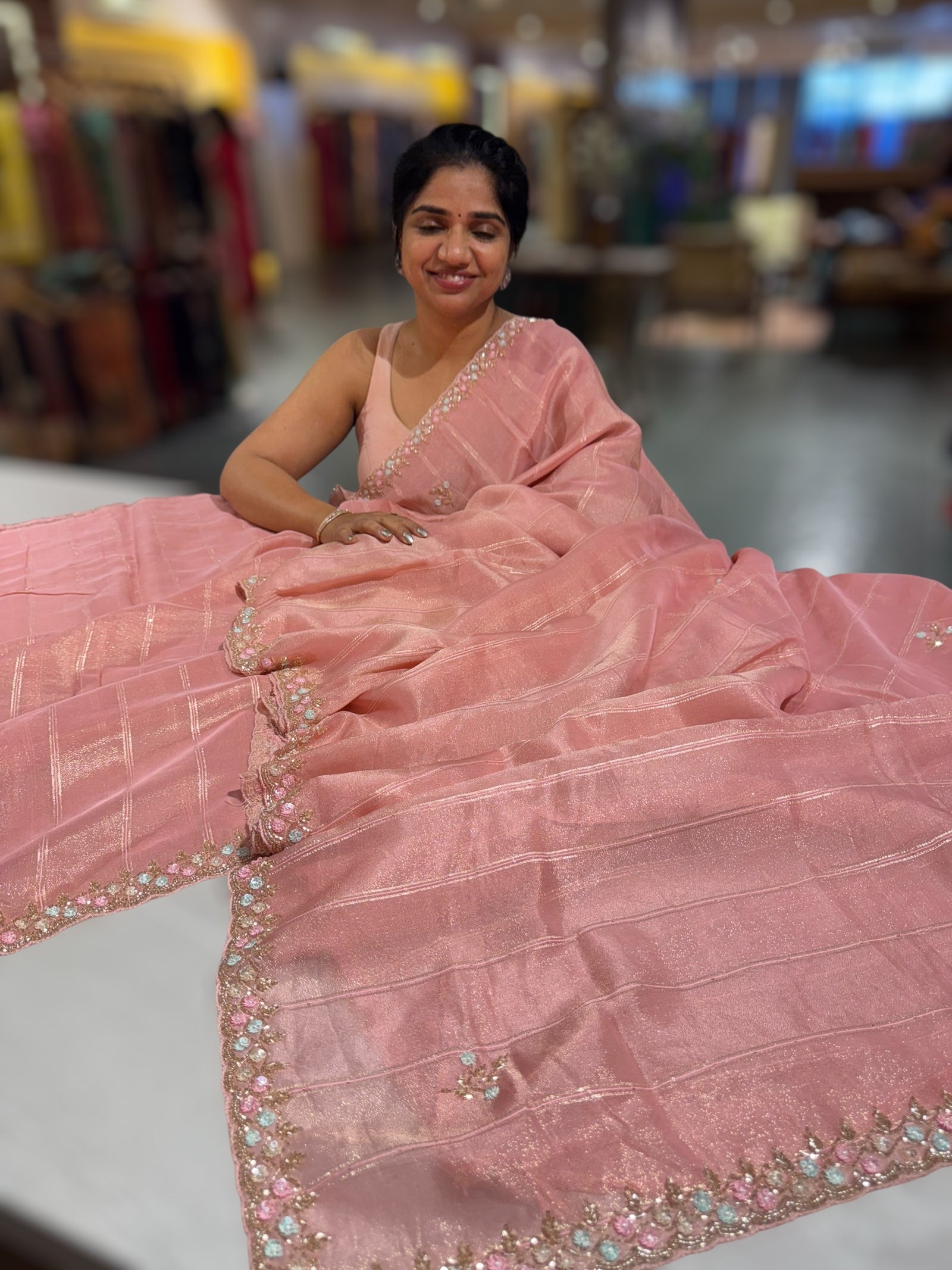Tissue Gorgette Saree With Hanwork Border and Blouse.