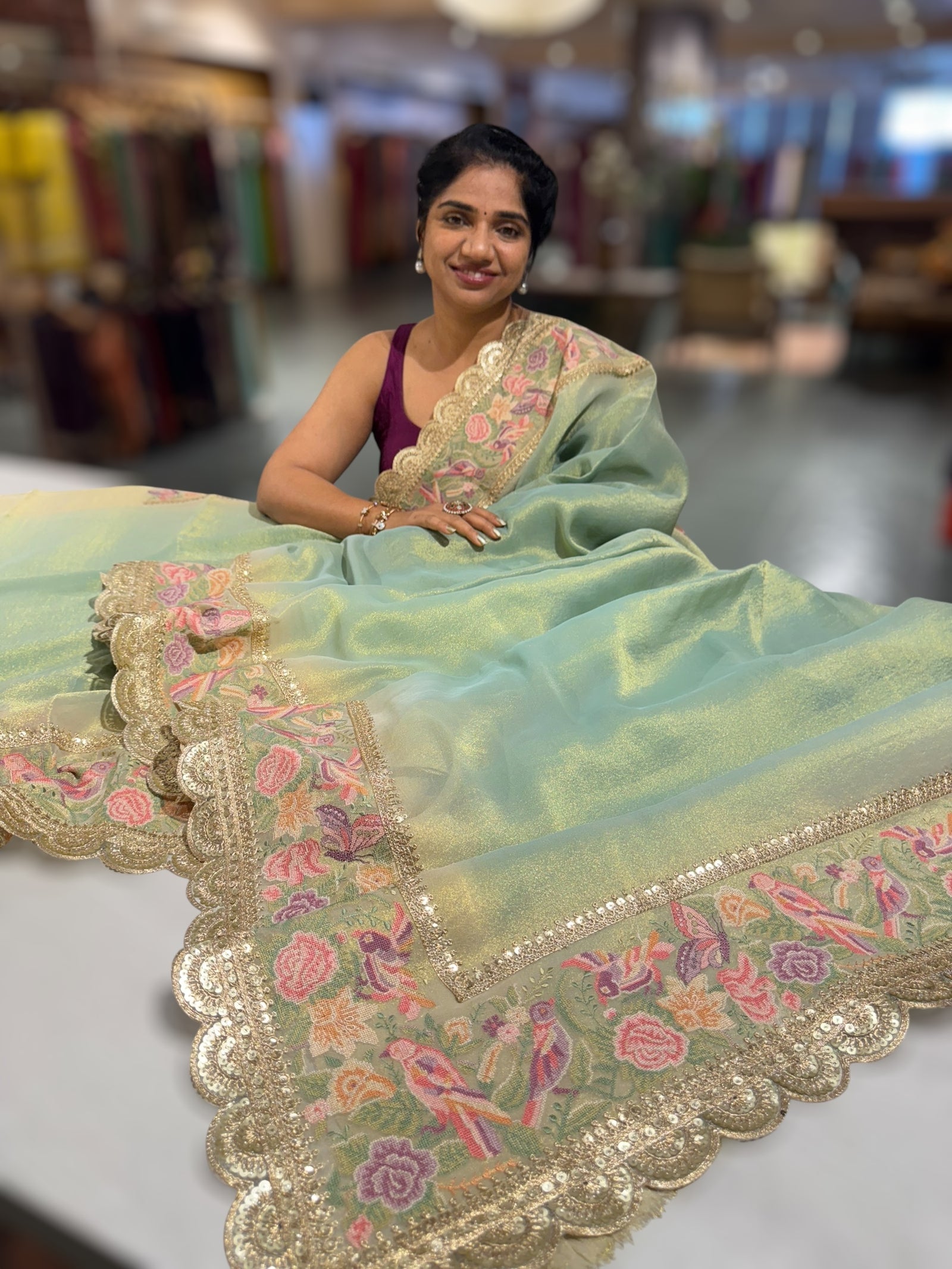 Sea Green Tissue Gorgette Saree With Petite Point Embroidered Border