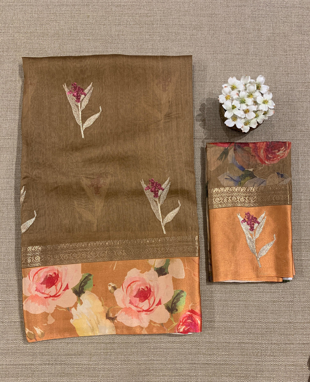 Light Brown Tussar Dhupion Saree with Floral printed mashru borders