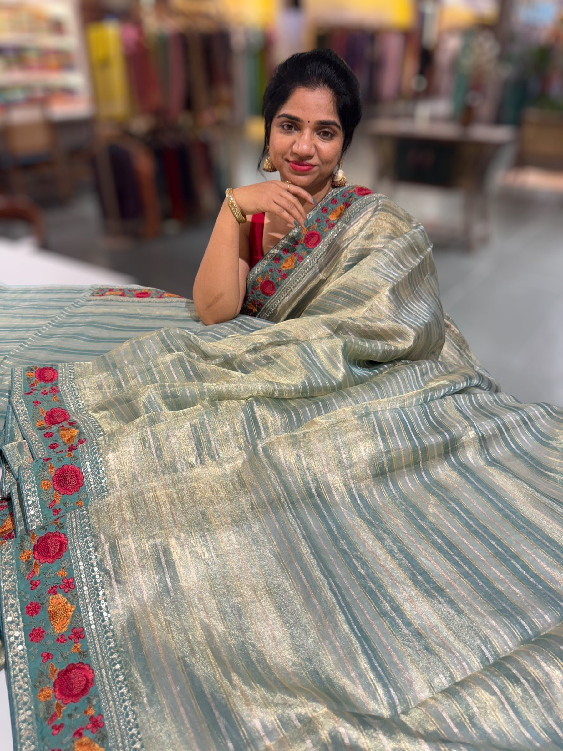 Sage Green Kora Tissue Stripes Saree with Sabhyasachi Style Embroidered Borders & Blouse