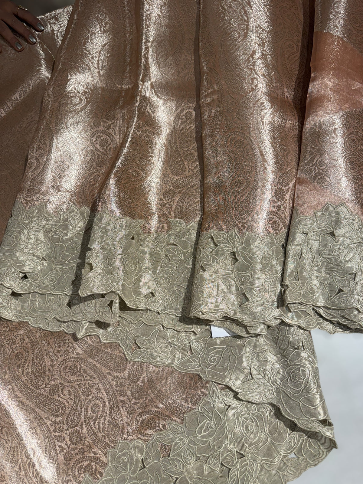 Peach Tissue Brocade allover weaving Saree with Tissue Cutwork Rose Border