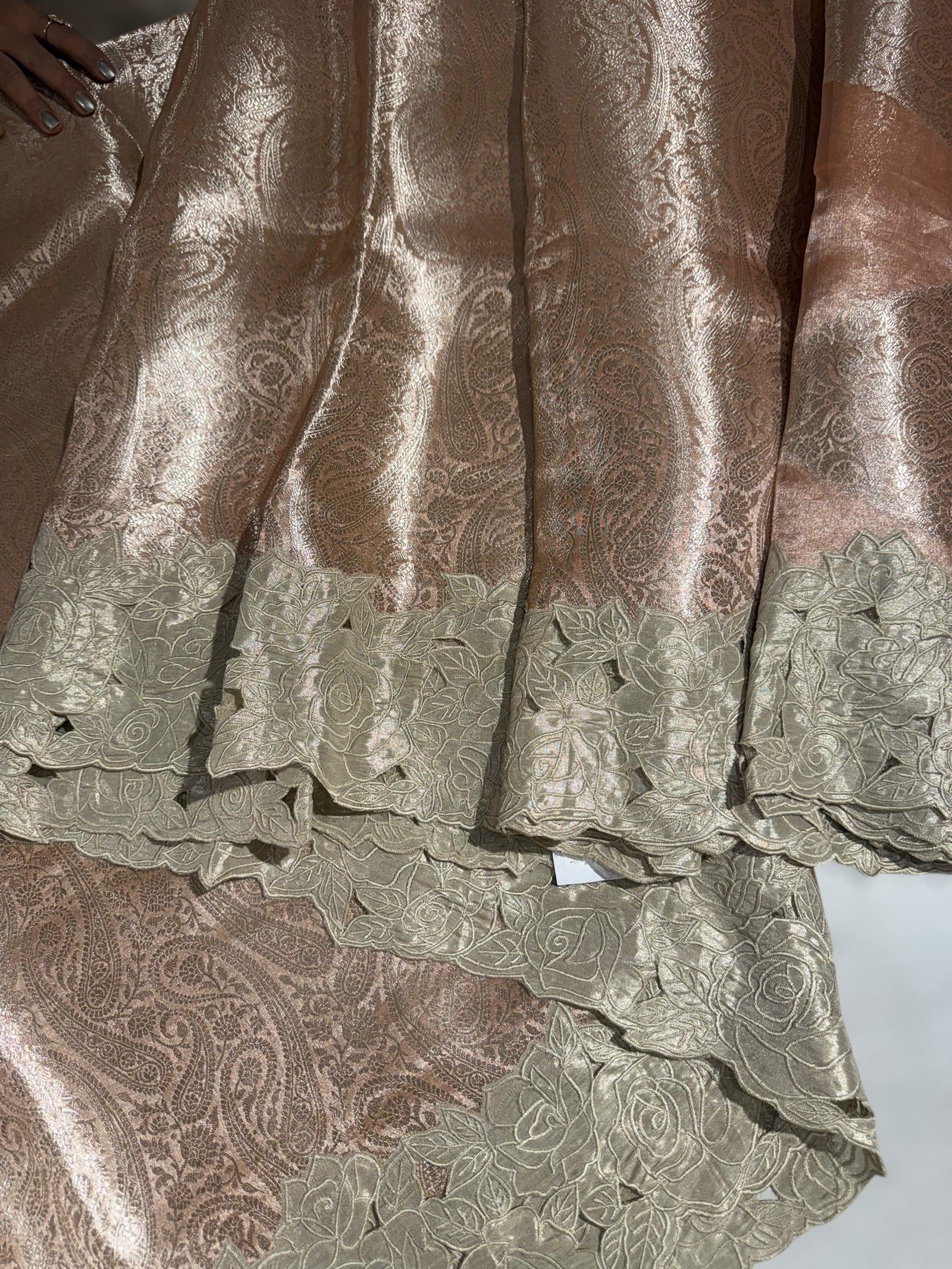 Peach Tissue Brocade allover weaving Saree with Tissue Cutwork Rose Border