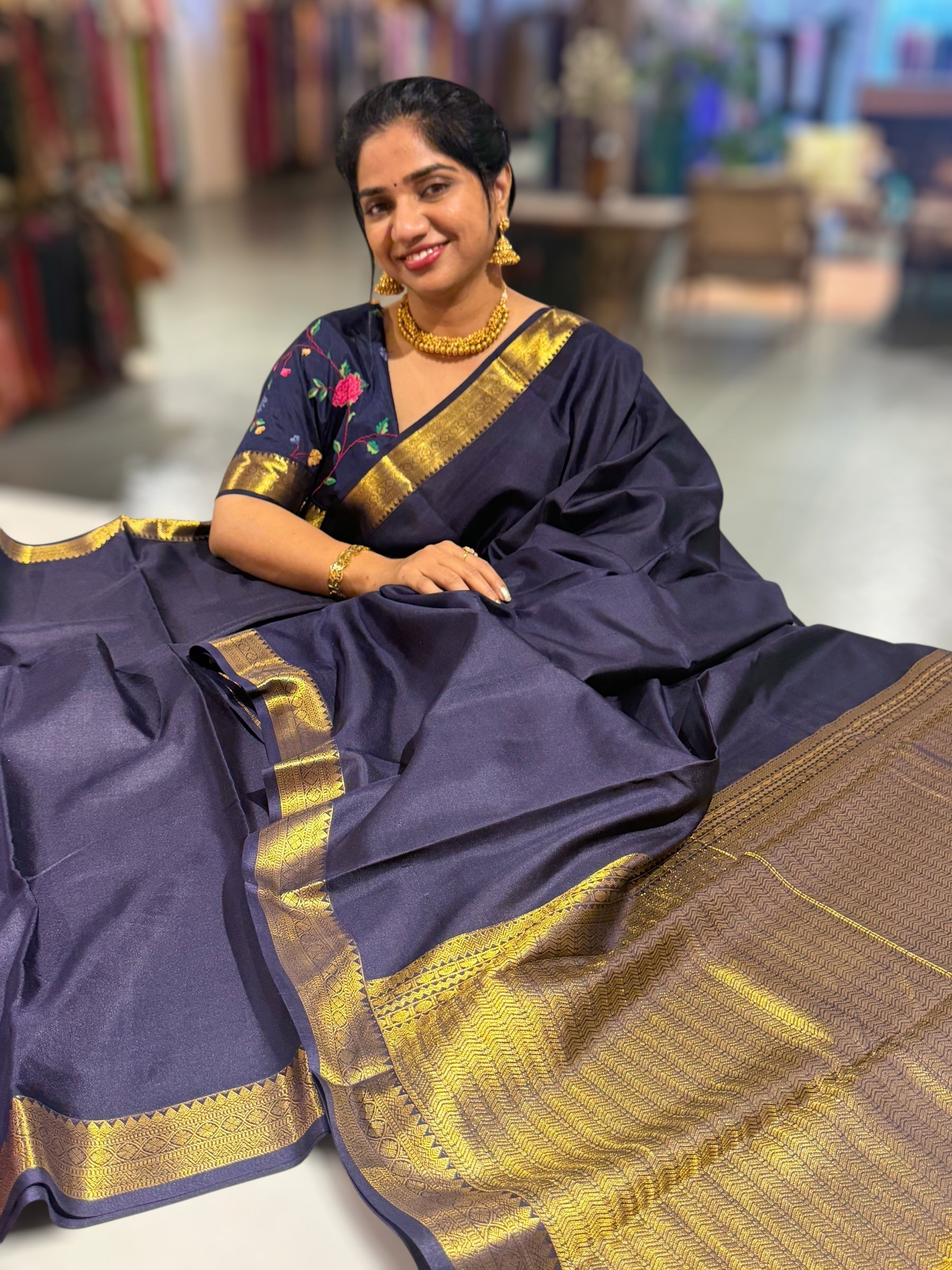Midnight Blue Kanchi Vintage Saree with Petite Point Embroidered Blouse