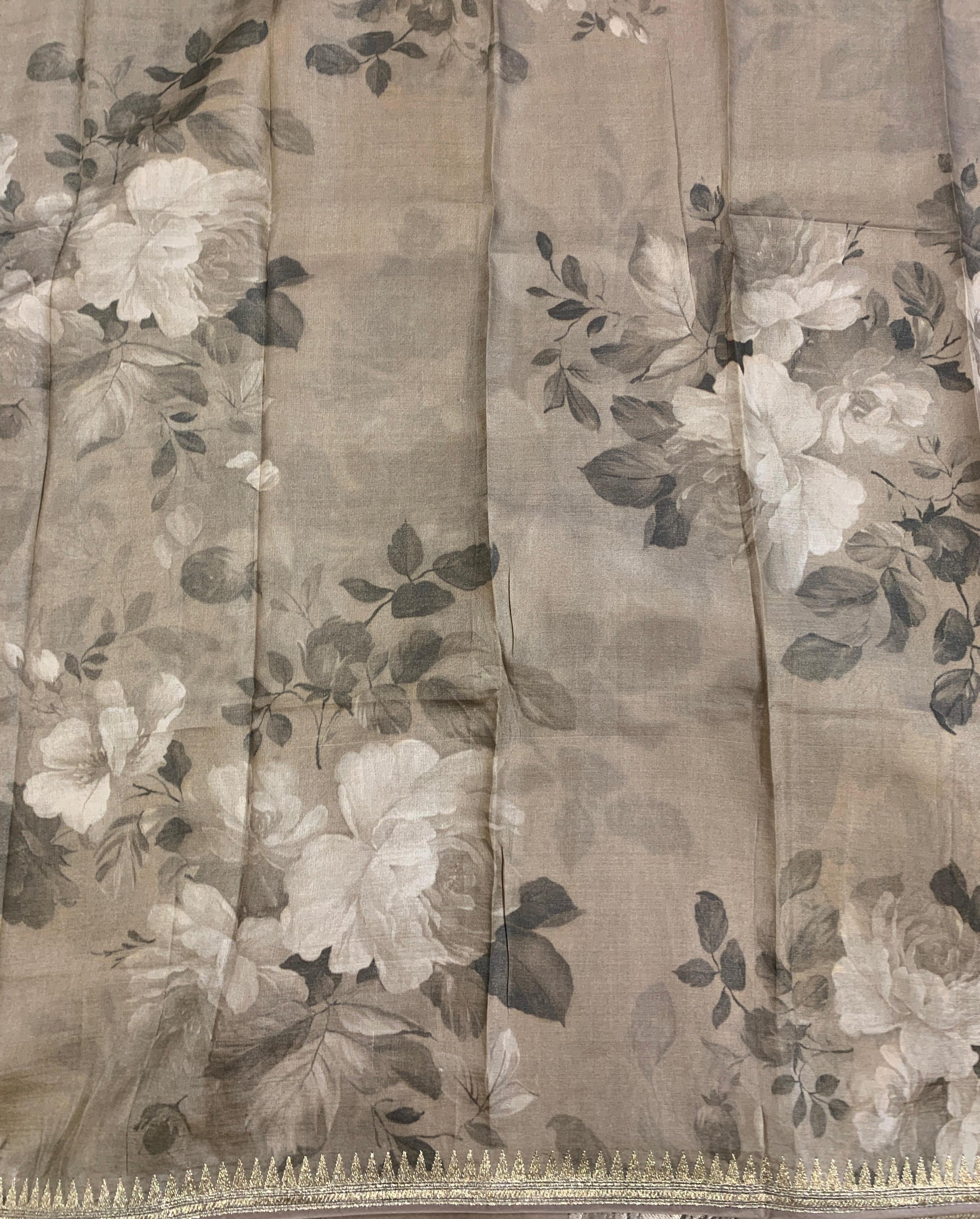 Taupe Organza Saree with Stunning Leaf Embroidered Border