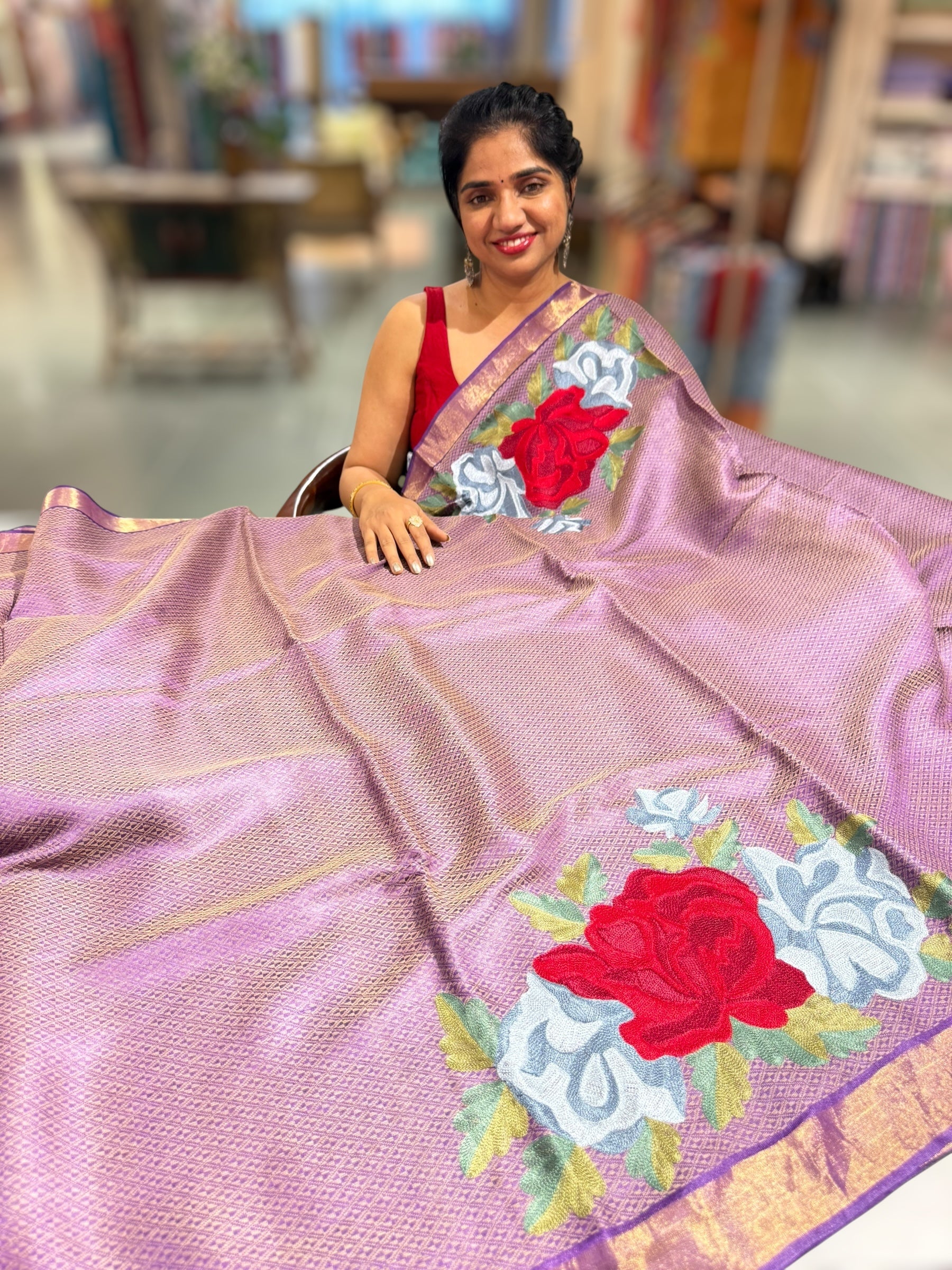 Brinjal Tussar Brocade Saree With Statement Red Rose Embroidery.