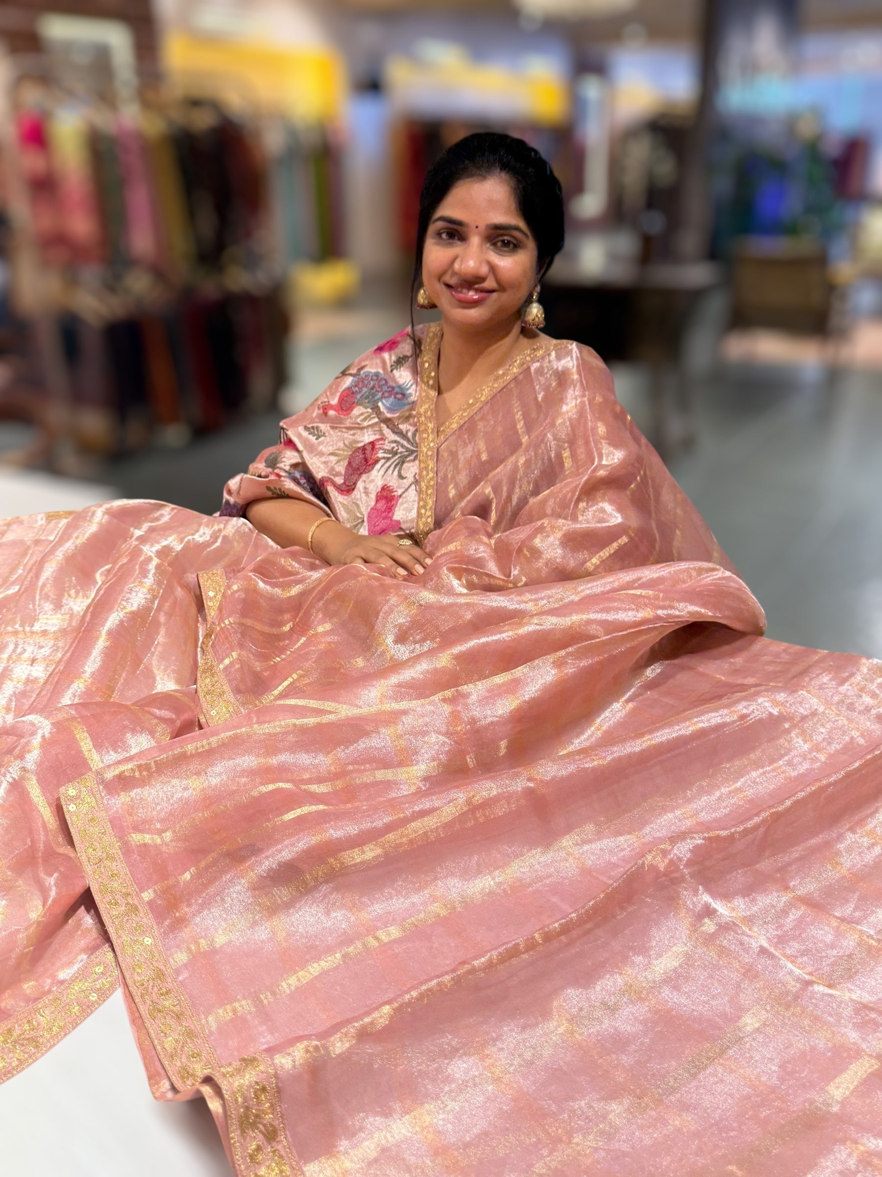 Peach Pink Banarasi Tissue checks Saree with Sabyasachi Borders