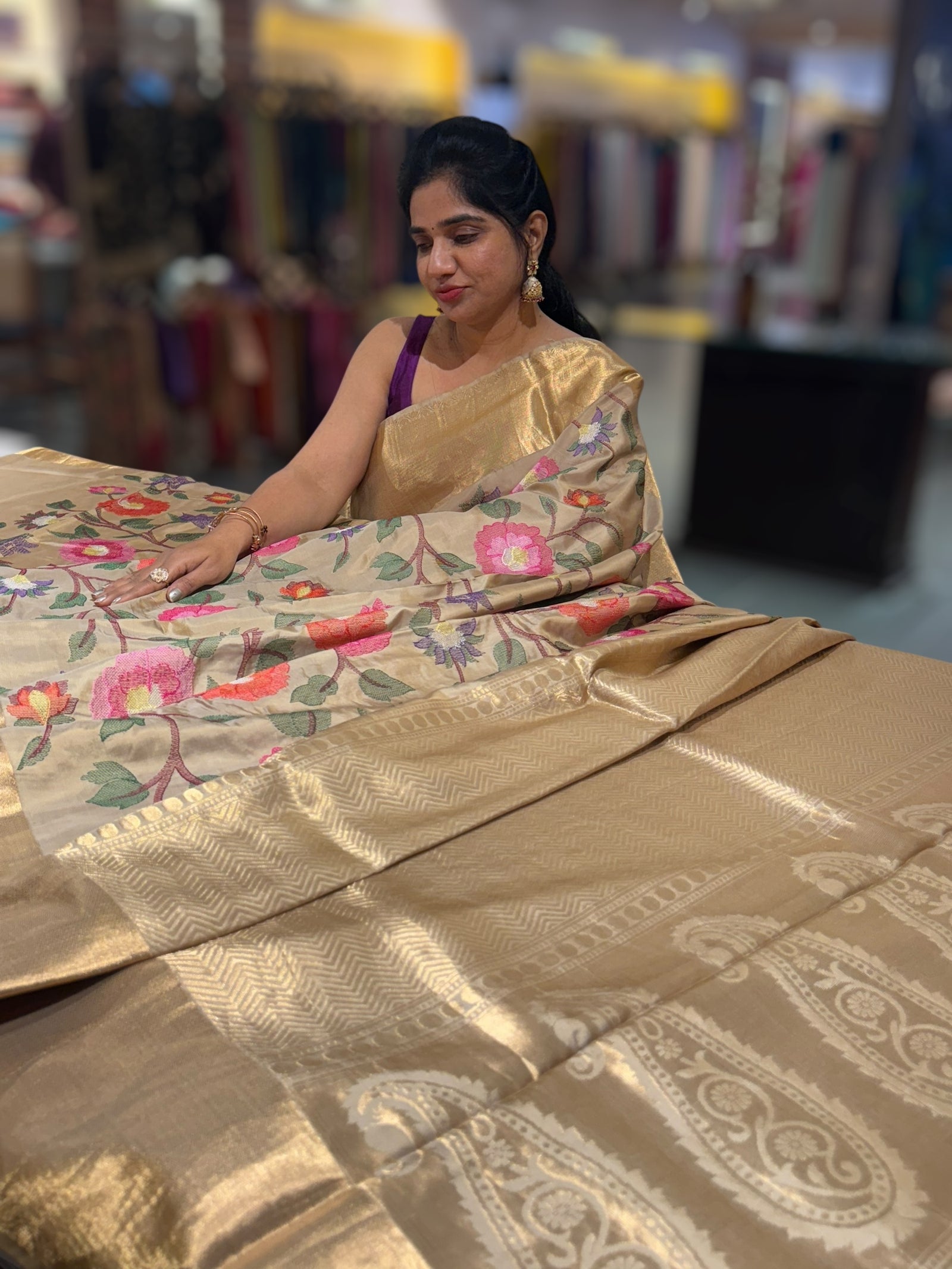 Beige Kanchi Soft Silk Saree with allover jamdani inspired embroidery