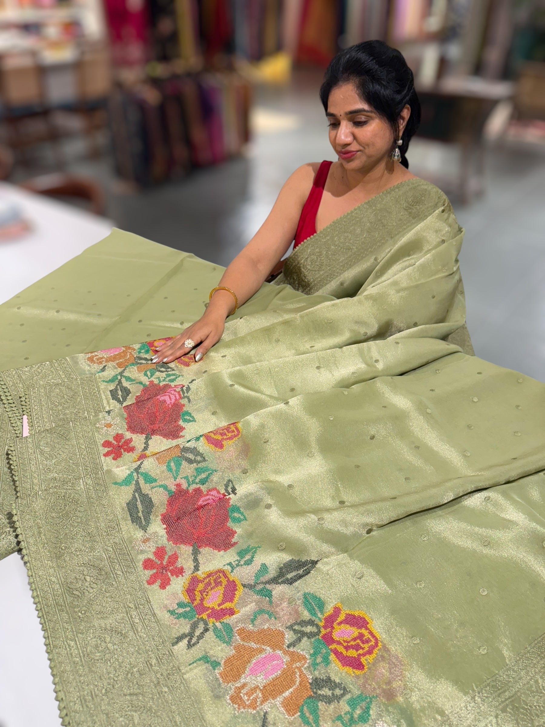 Dhaara : Dusty Green Tissue Gorgette Saree