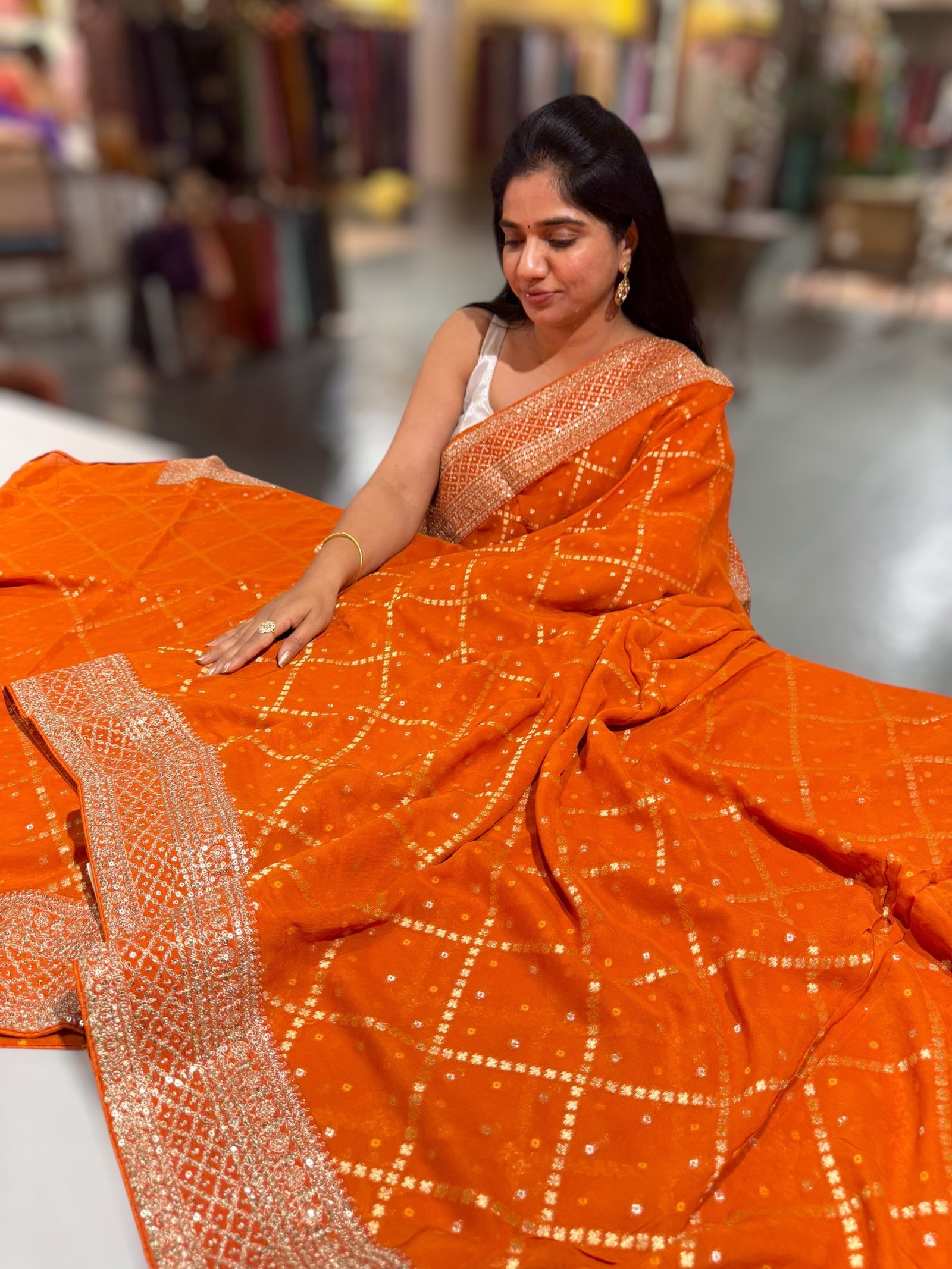 Orange Fancy Banarasi Bandhini georgette saree with sabhyasachi borders and blouse