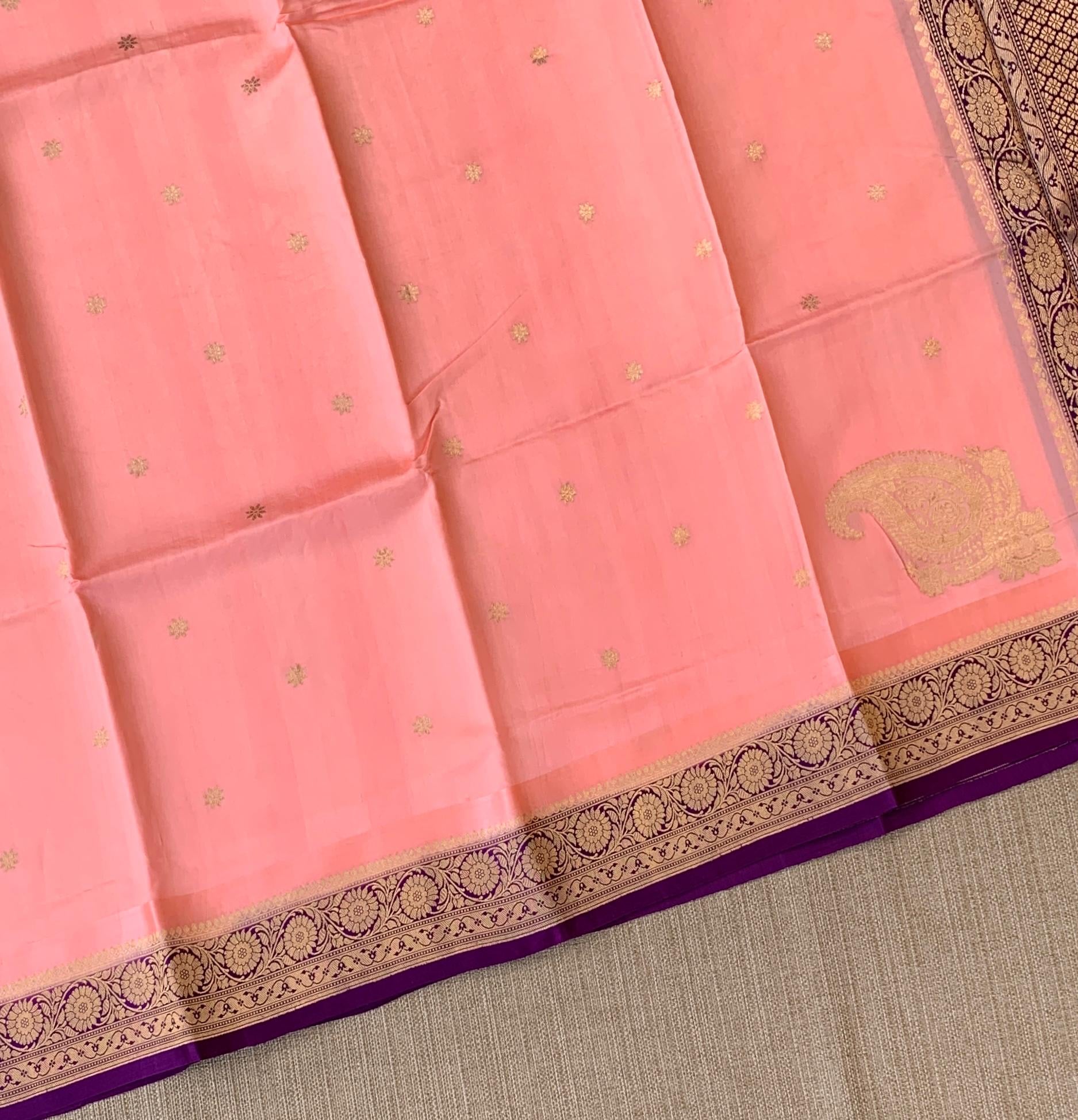 Peach Pink & Purple Combo Raw Mangoe Silk Saree with heavy weaving mashru border & kaduwa woven motifs.