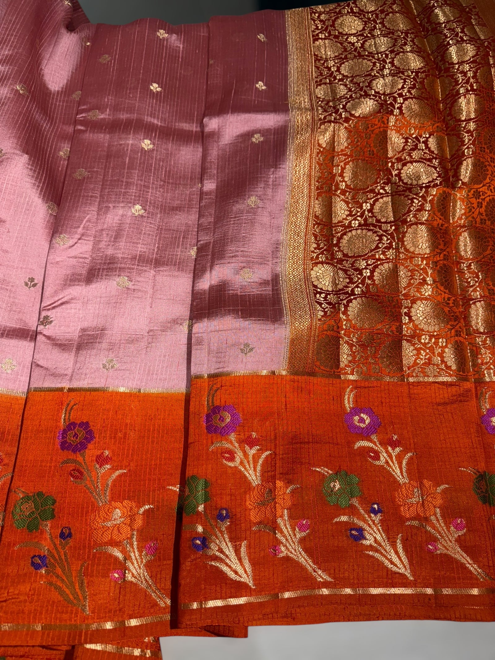 Onion pink & Orange Poona silk saree