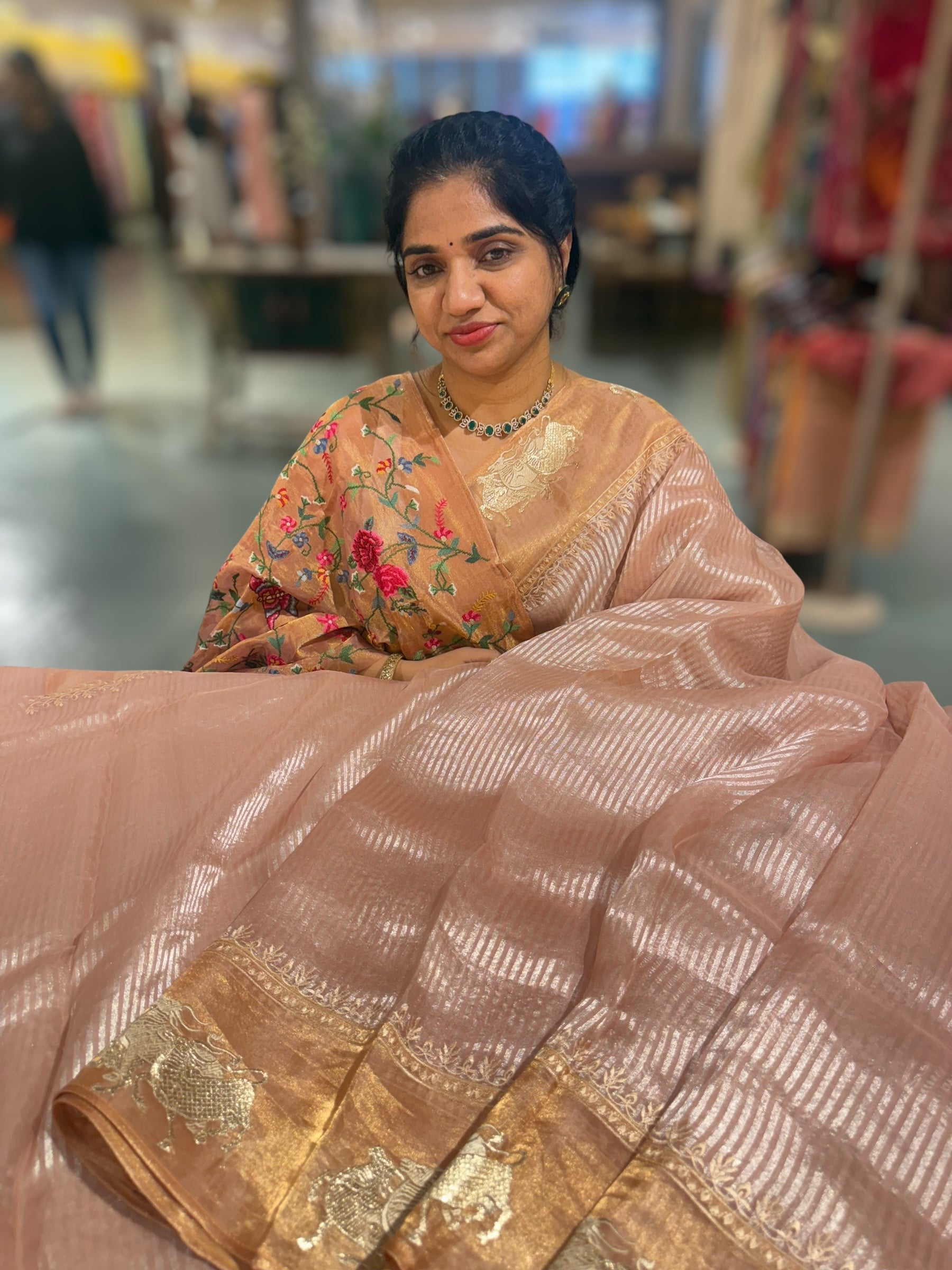 Peach Pink Kora tissue stripes Saree with Nandi embroidered tissue border