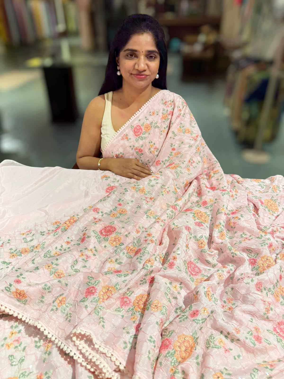 Baby Pink Chinnon saree with allover petite point embroidery
