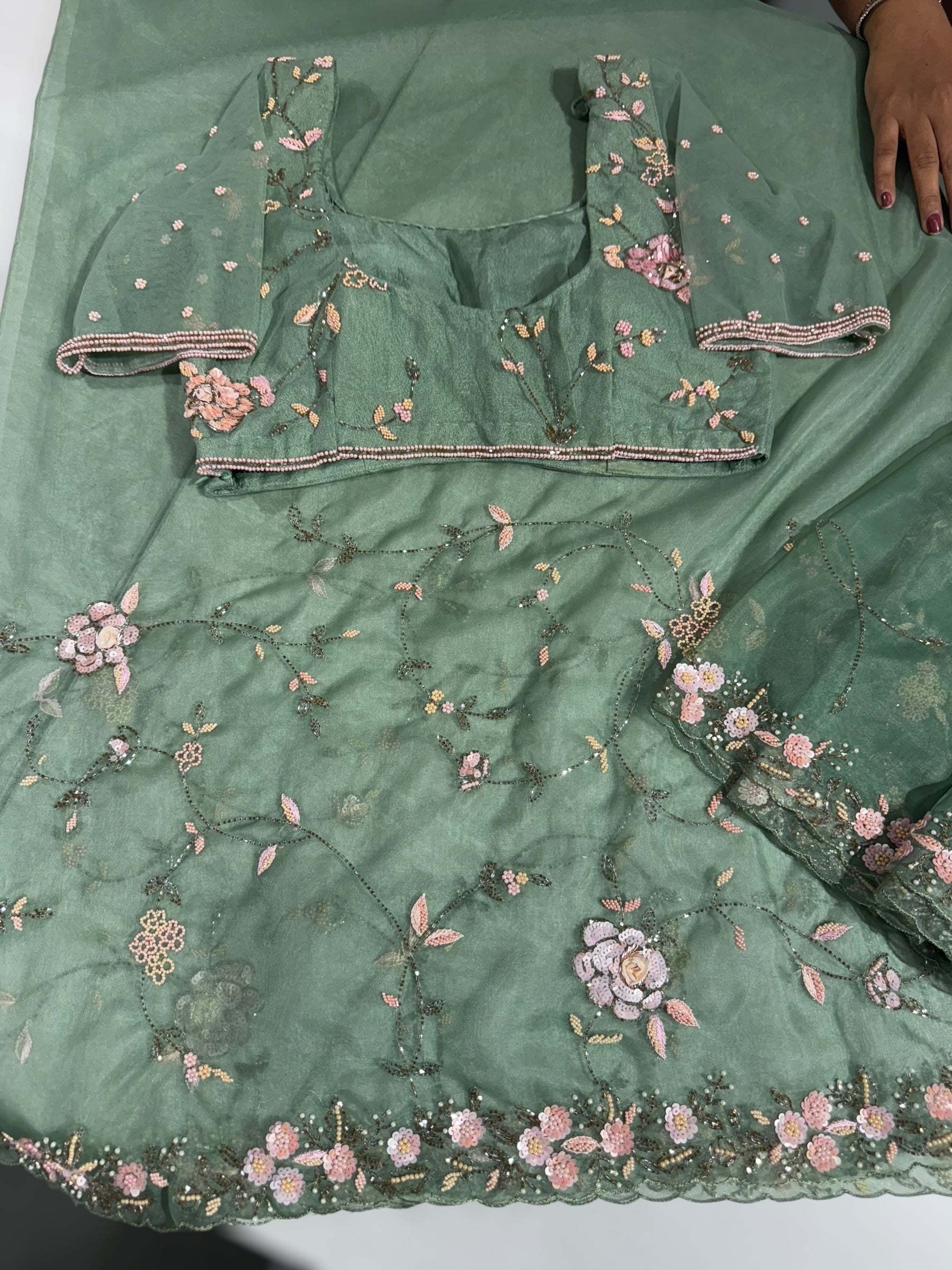 Sage Green Organza allover heavy handwork saree with ready to wear blouse
