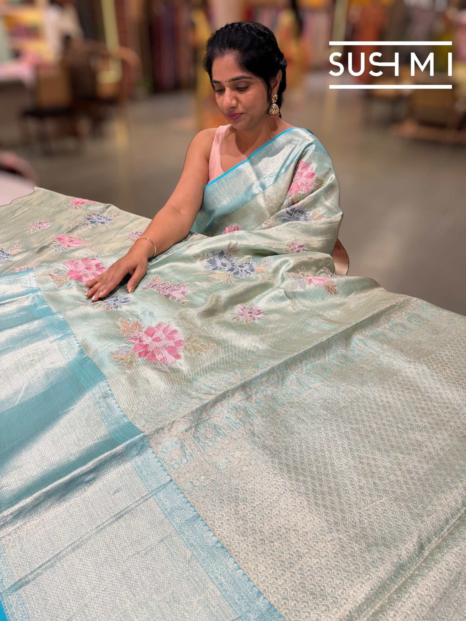 Mint Blue  Kanchi Tissue Saree with embroidery: S62F228