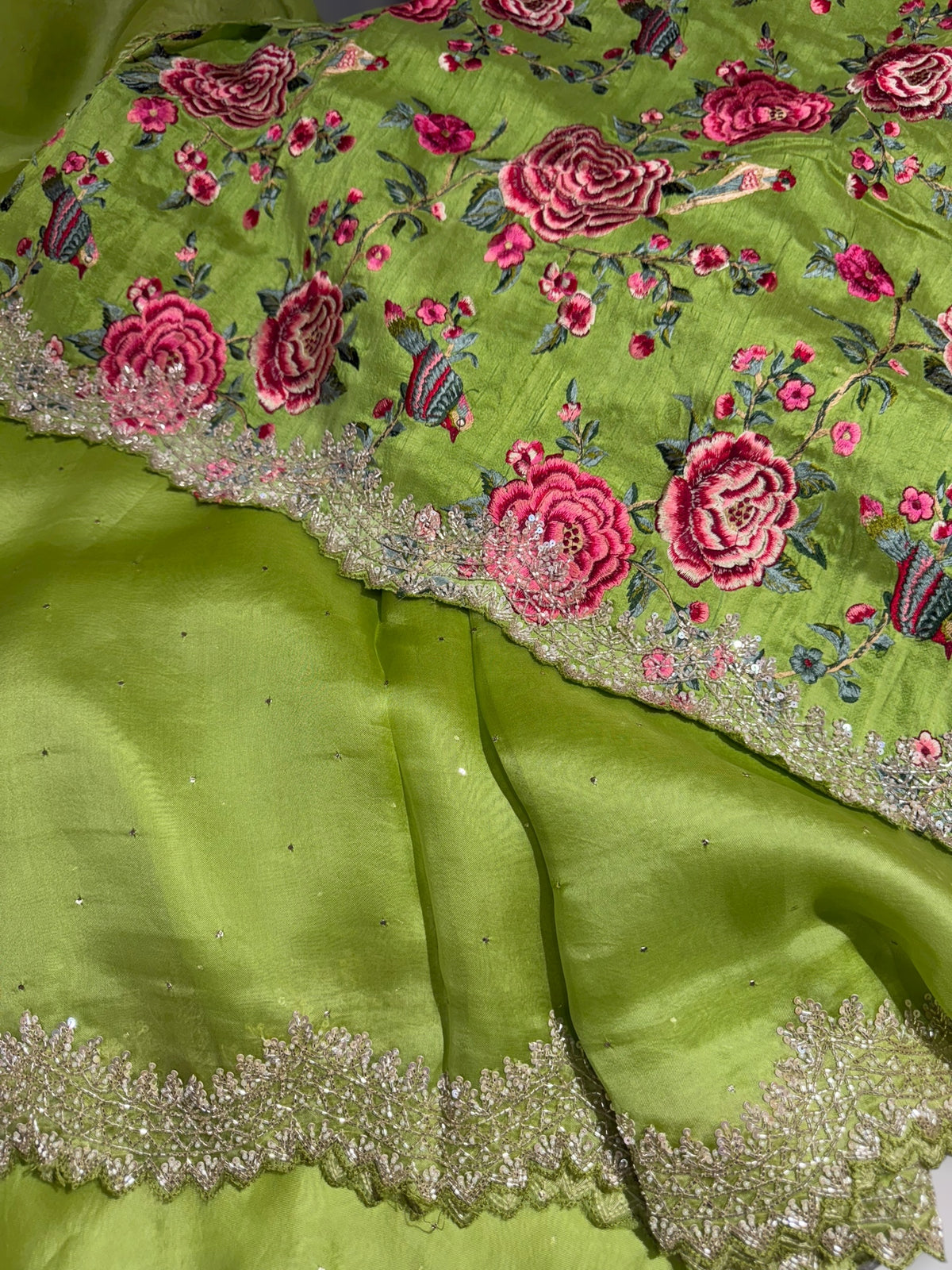 Apple Green Pure Organza Handwork Saree with heavy Designer Blouse