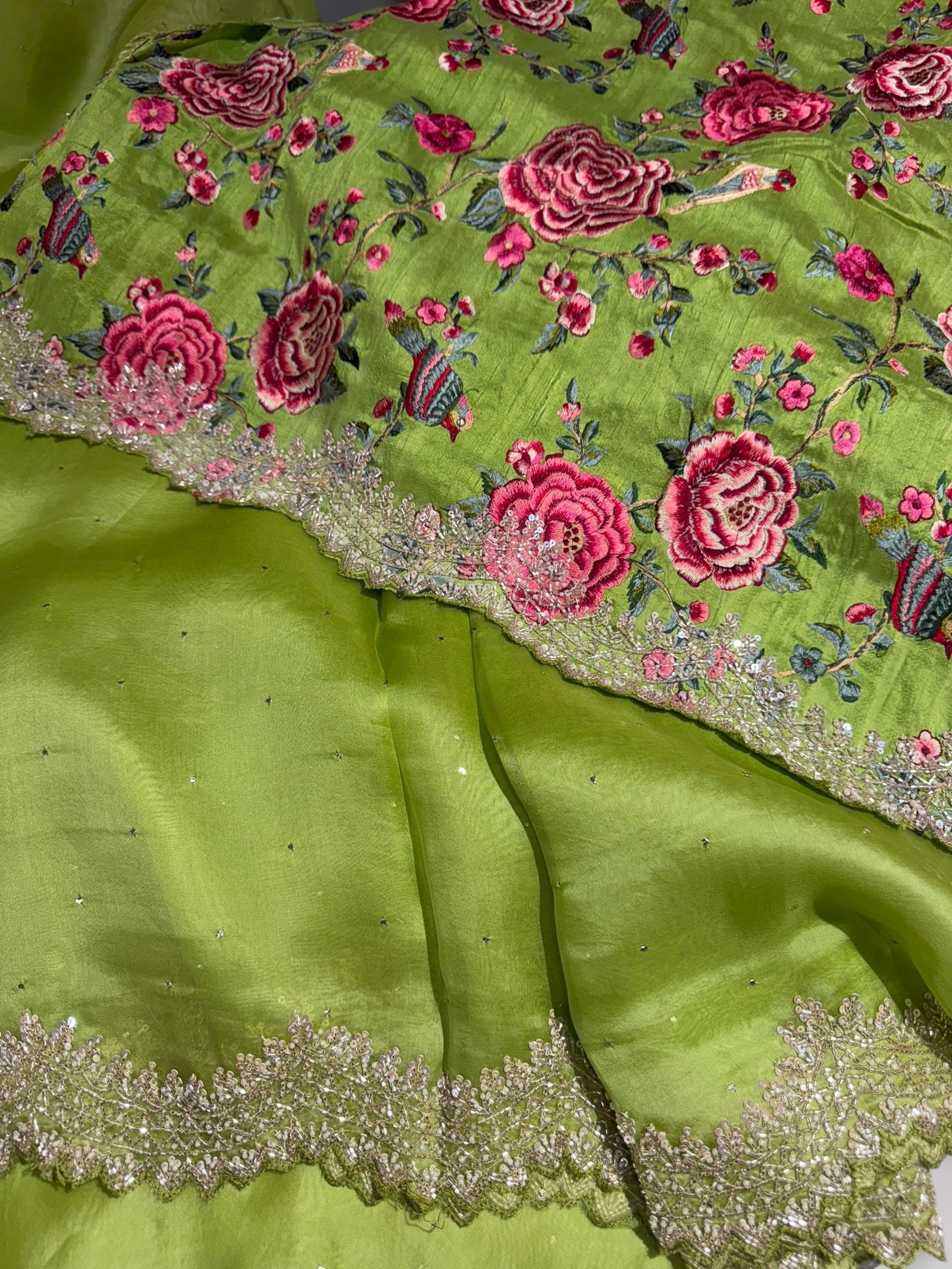 Apple Green Pure Organza Handwork Saree with heavy Designer Blouse