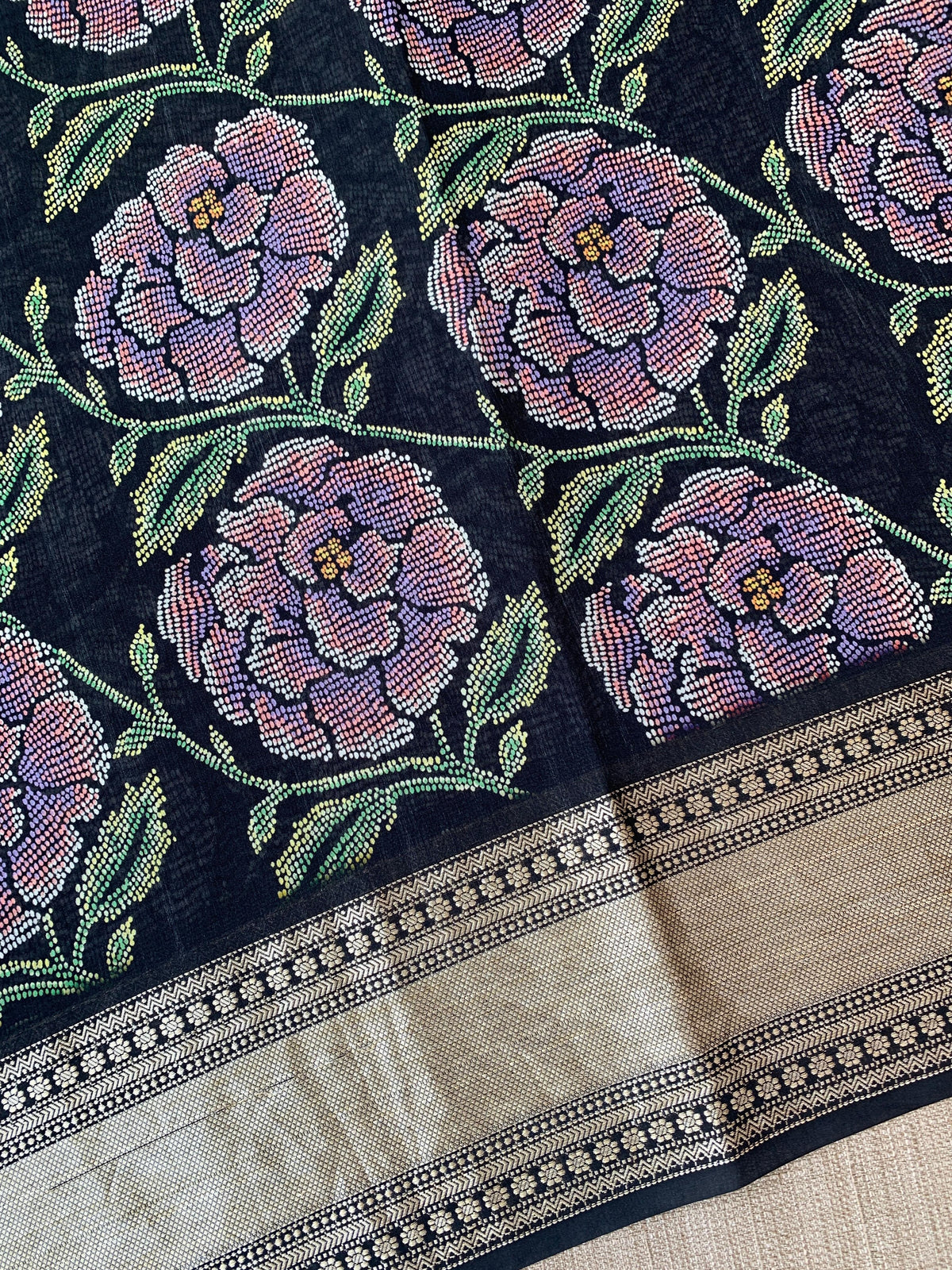 Black Pure Handloom Chiniya Silk Saree with stunning Floral Print and zari borders