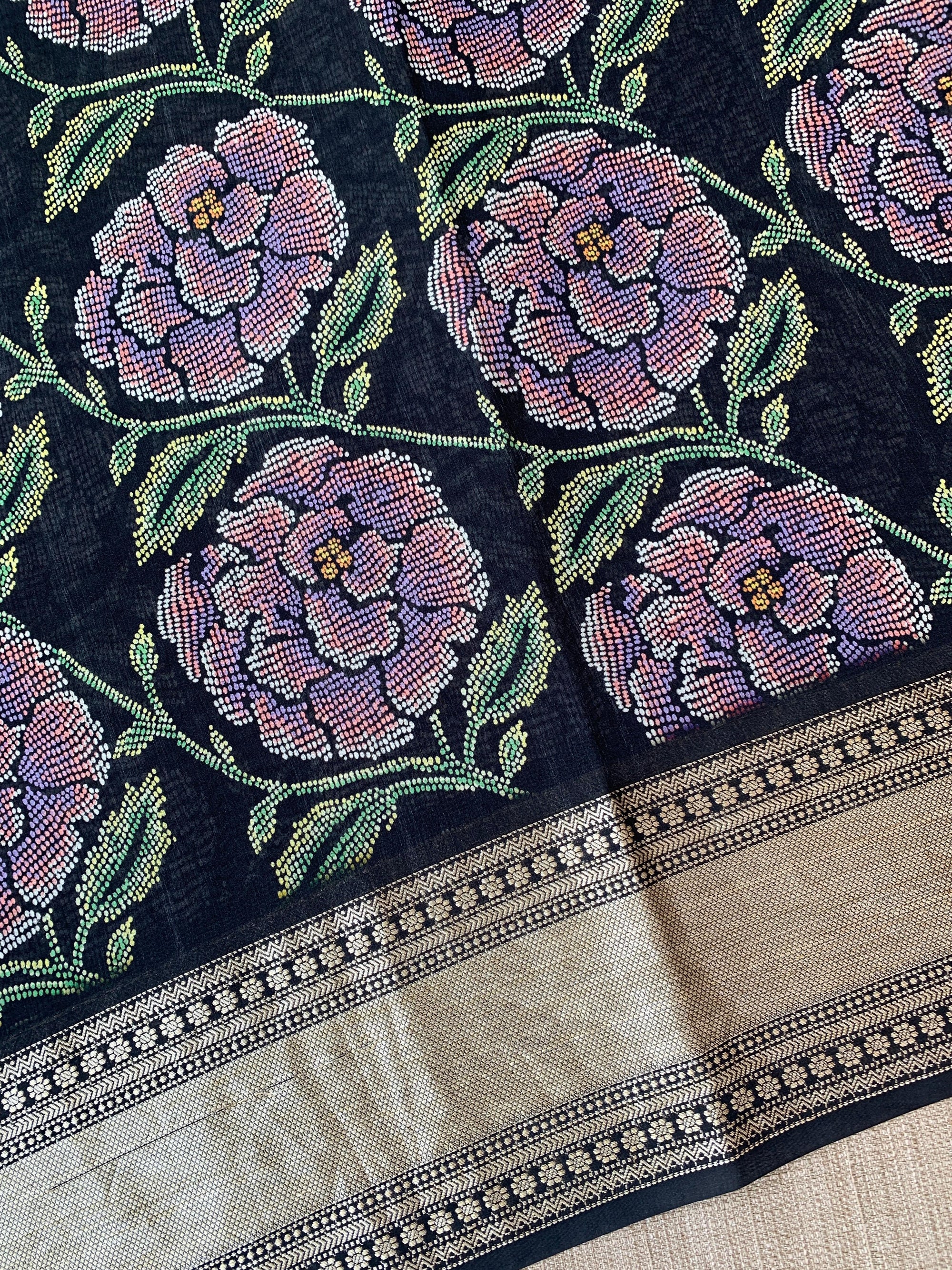 Black Pure Handloom Chiniya Silk Saree with stunning Floral Print and zari borders