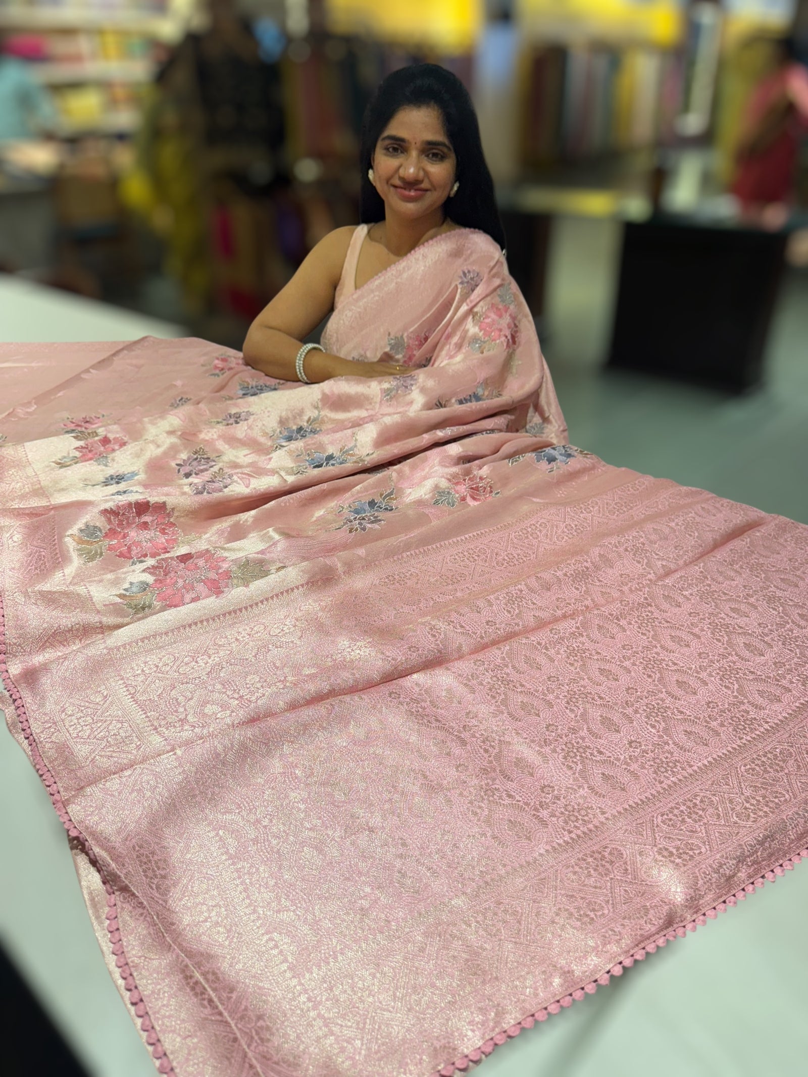 Baby Pink Banarasi Brocade tissue saree with allover floral embroidery