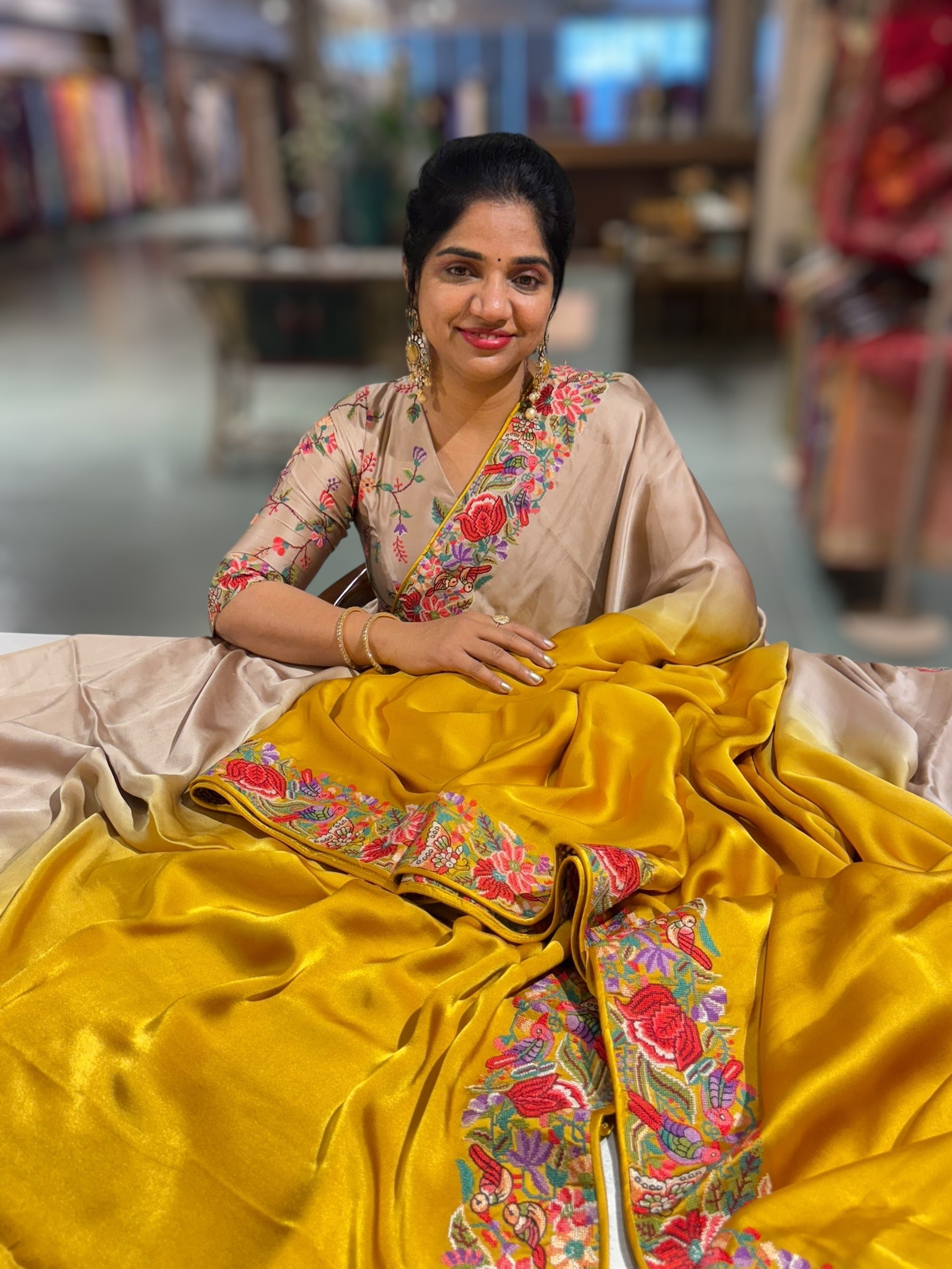 Pure Satin Ombre Dyed Saree with Petite Point Embroidered Border and blouse.