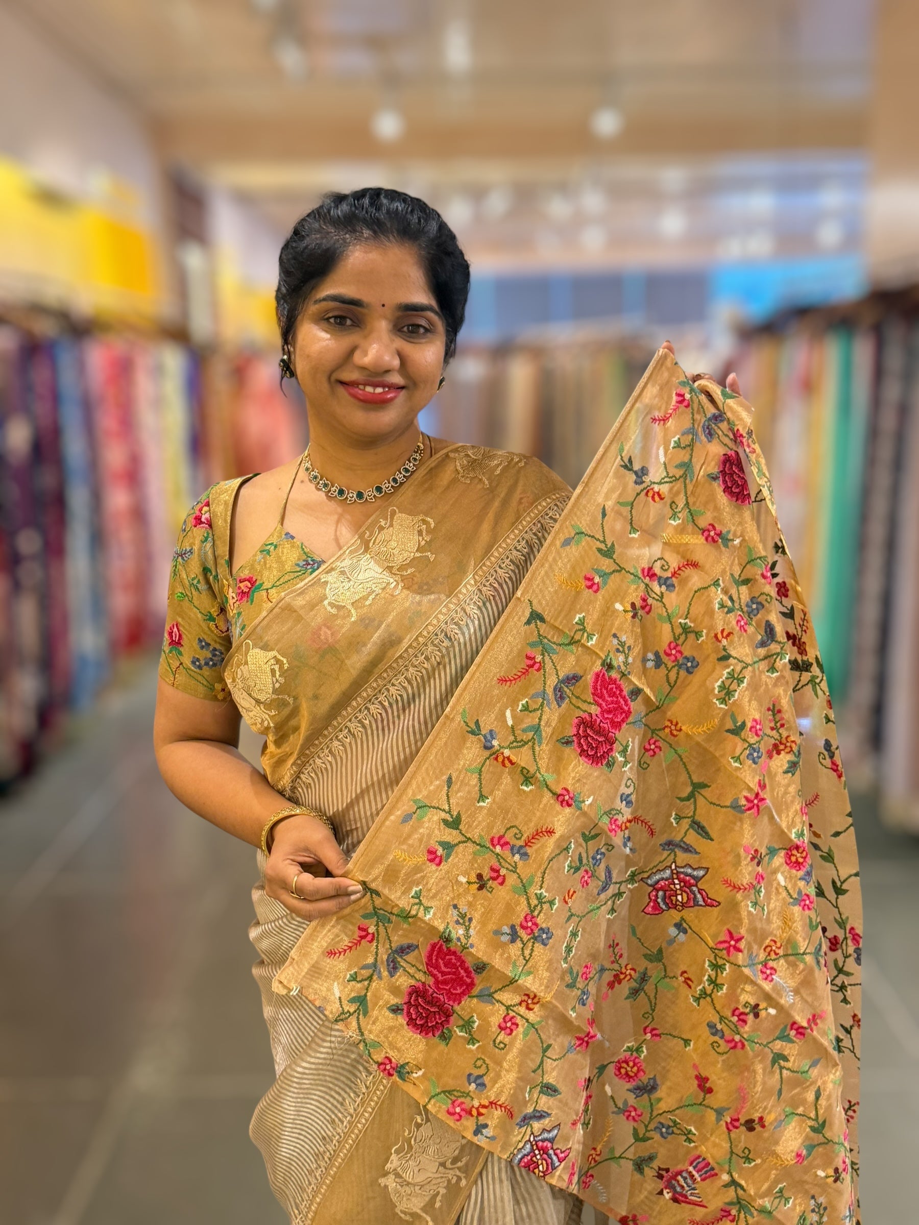 Earthy Grey Kora tissue stripes Saree with Nandi embroidered tissue border
