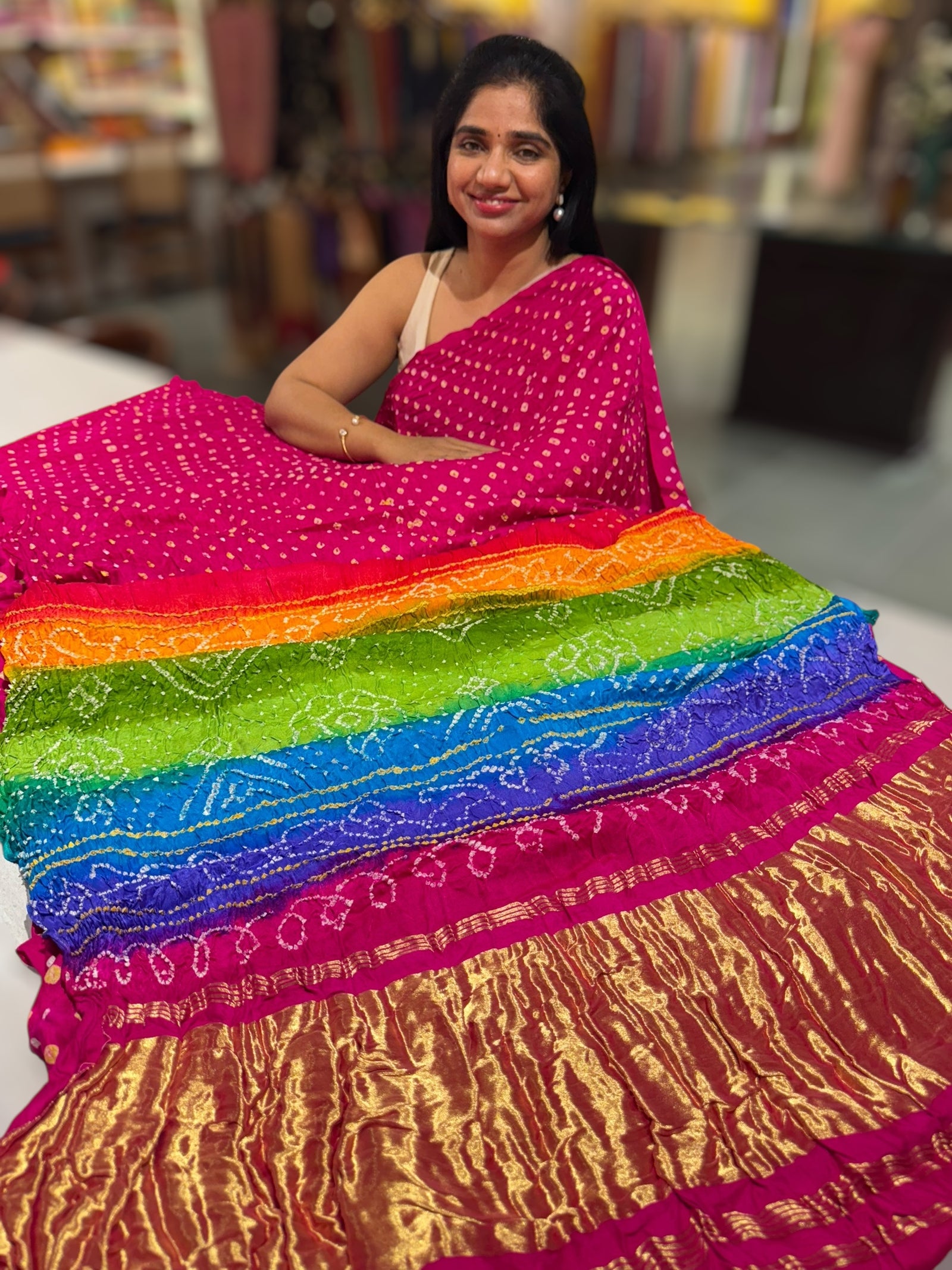 Pink Pure gajji silk saree with rainbow pallu