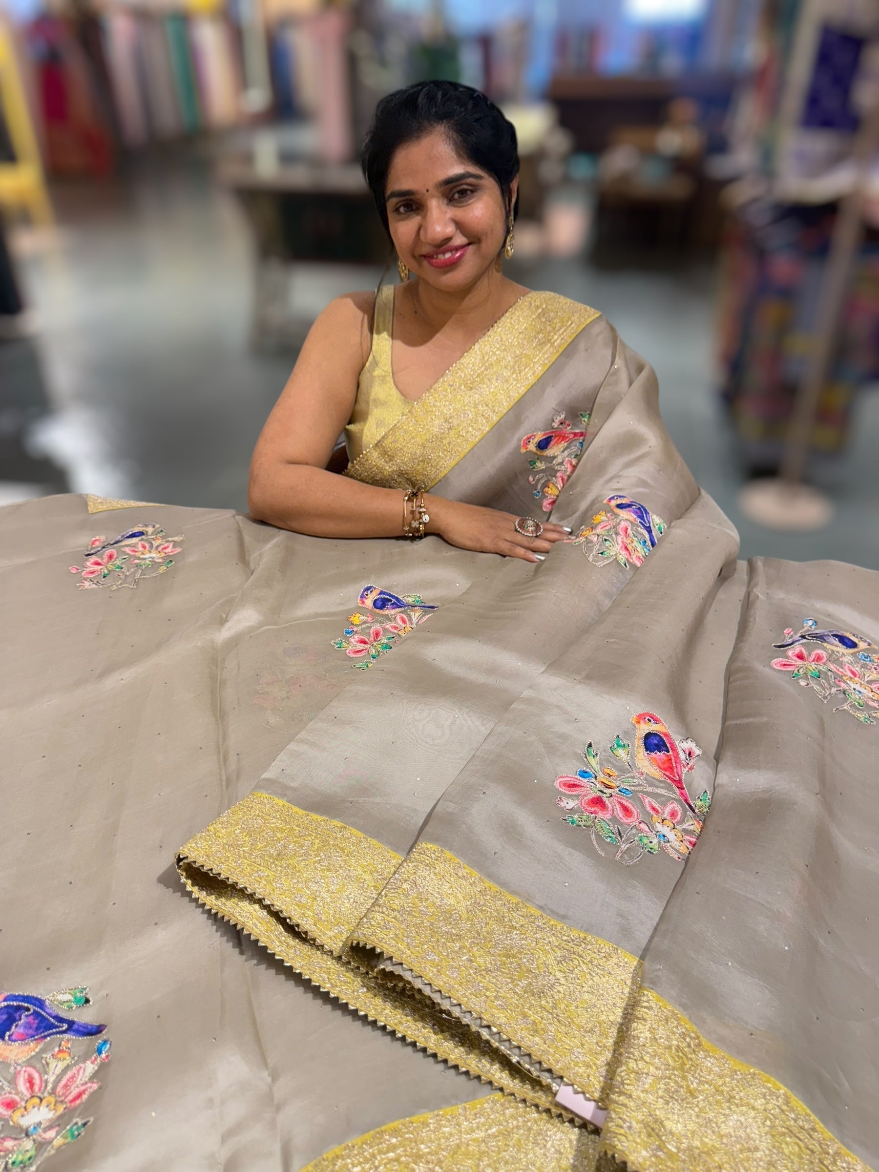 Earthy Tone Pure Organza Saree with banarasi pitawork border and bird applique motifs allover the saree