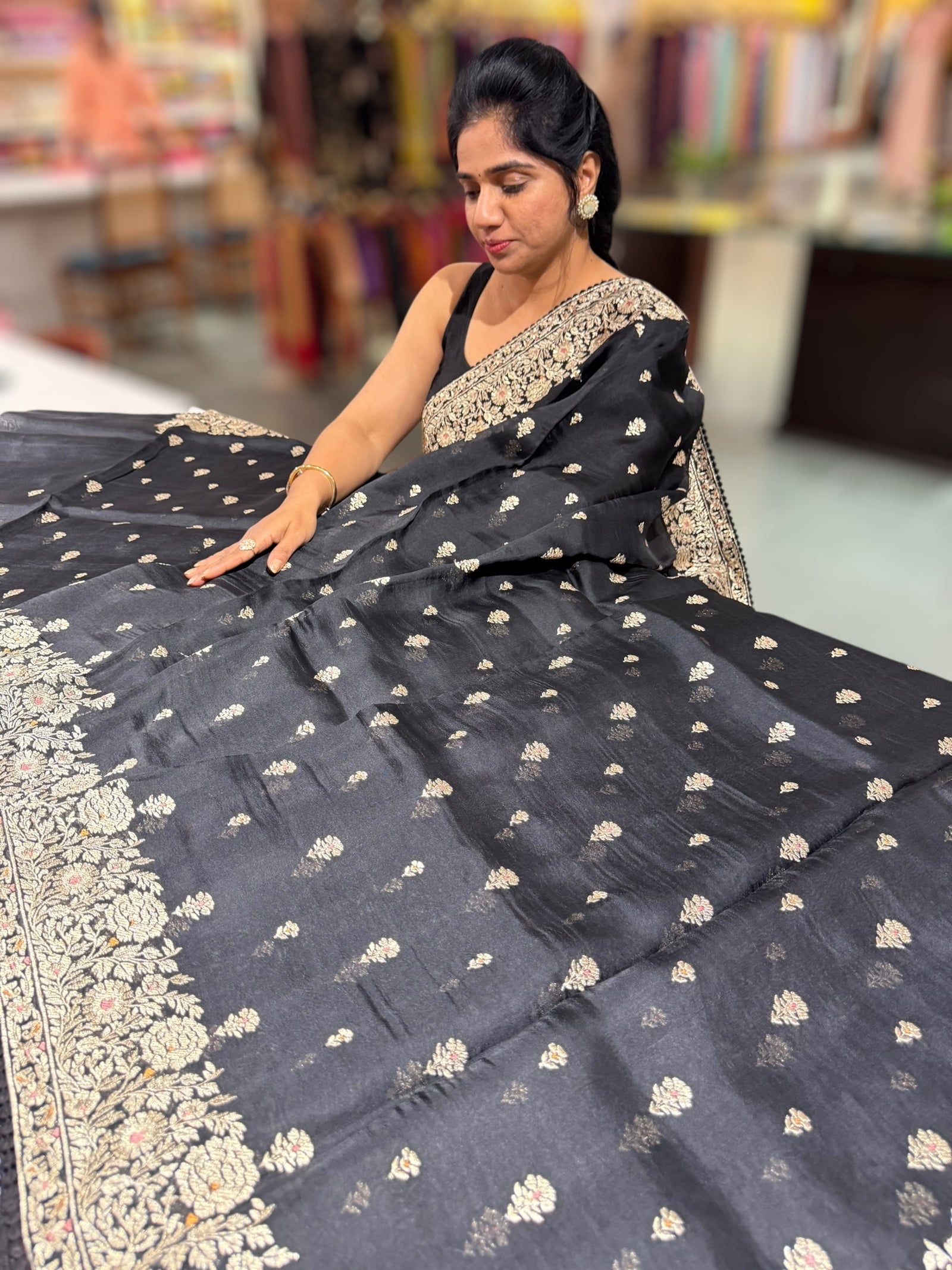 Black Organza Saree with gold zari embroidery