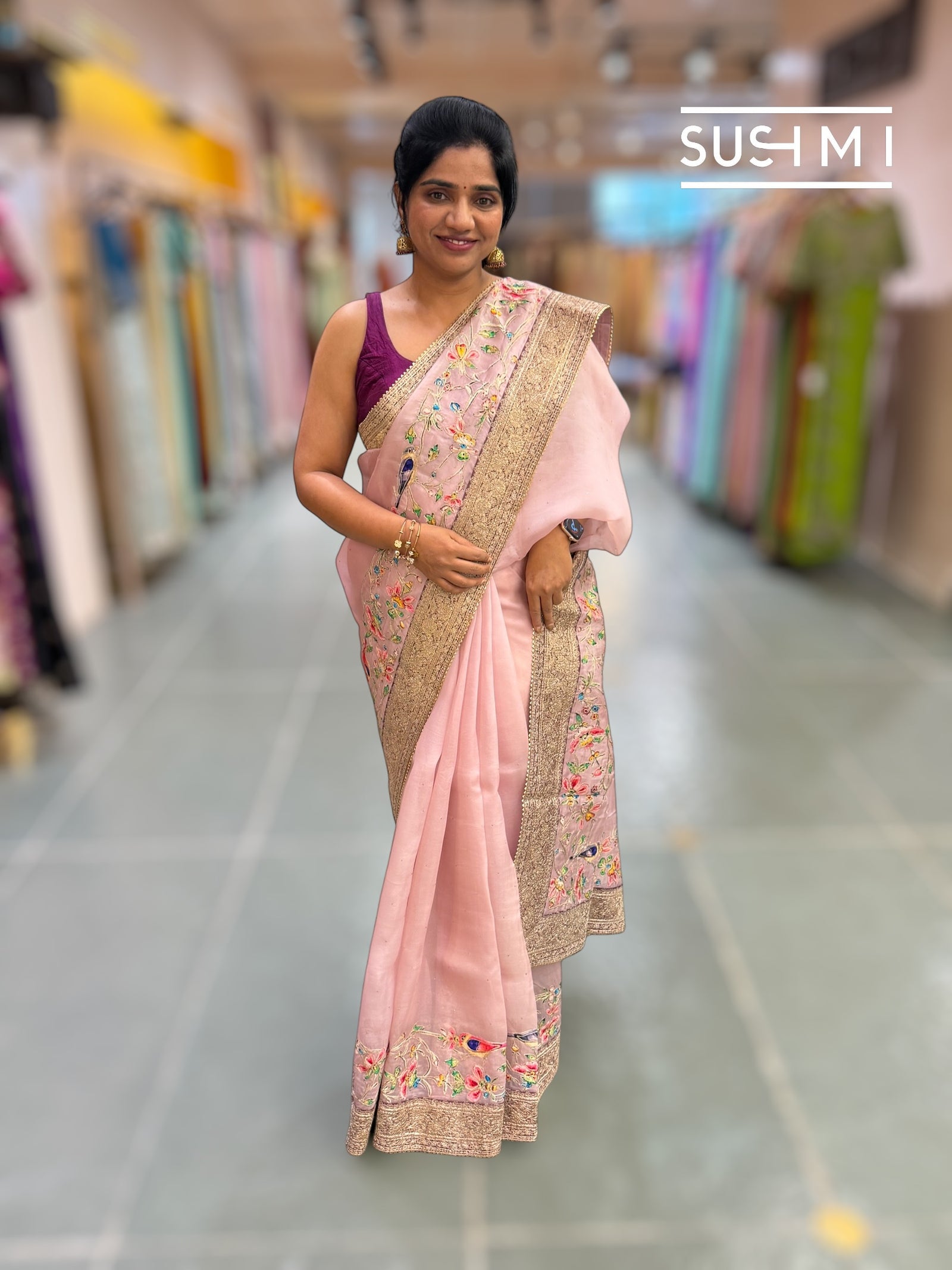 Dusty Pink Organza Banarasi Fusion Saree with Bird Appliqué : SM019