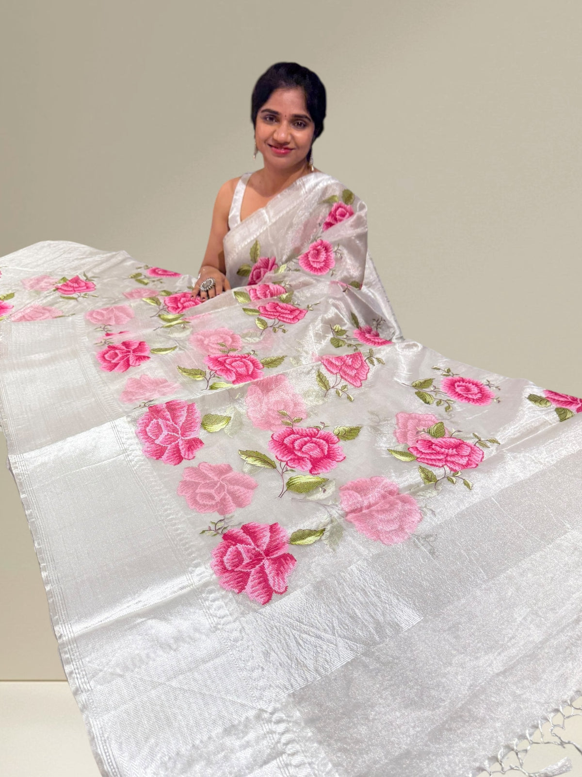 Silver tissue saree with embroidery