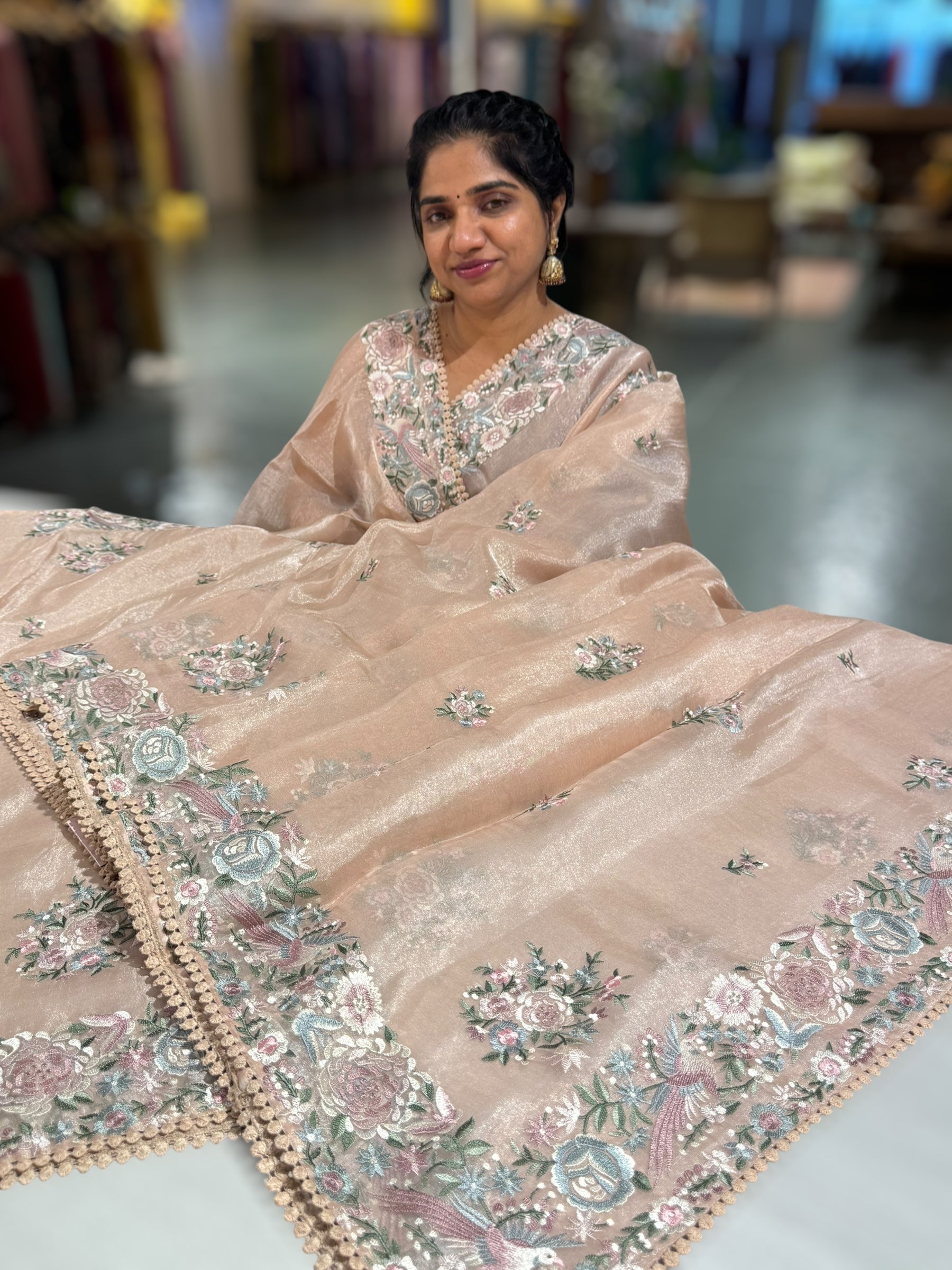 Pastel Pink Pure Tissue Saree With Parsi Gara Embroidery