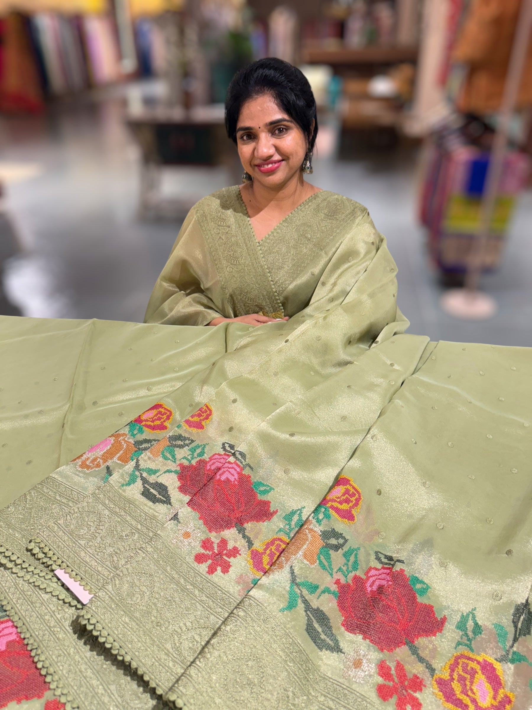Dhaara : Dusty Green Tissue Gorgette Saree