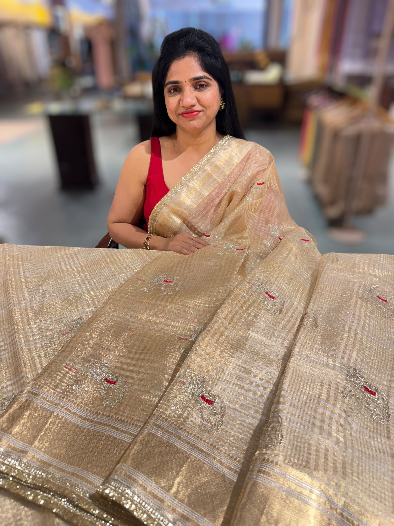 Beige Banarasi Kora Tissue Checks Saree with nandi motifs