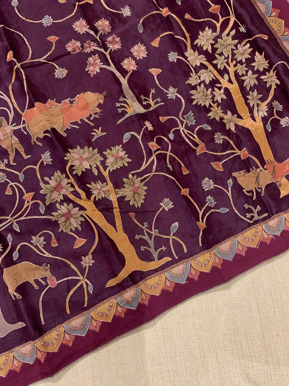 Wine Designer Organza Saree with Stunning Tissue Applique work Saree with Village theme