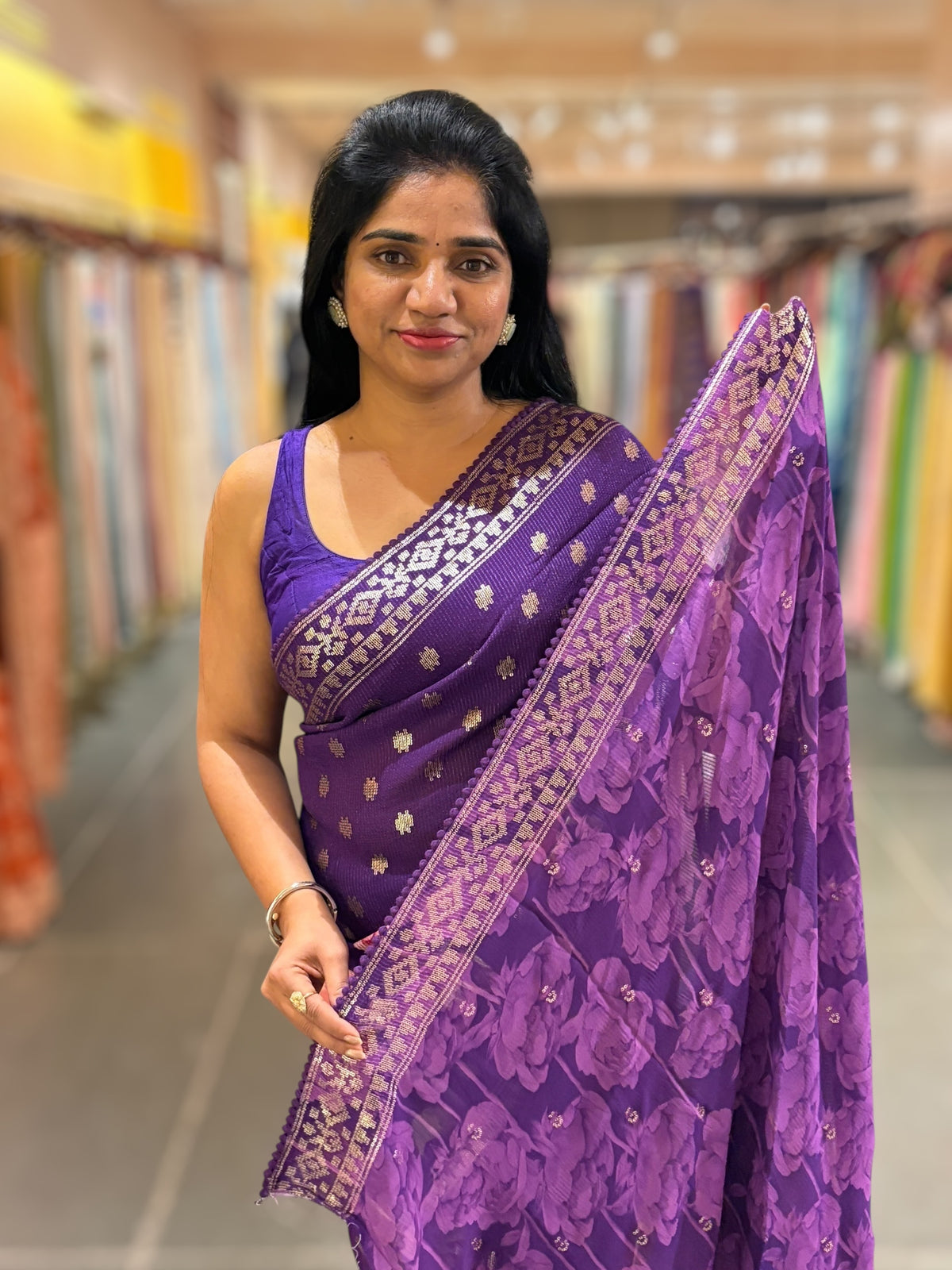 Brinjal georgette sequence saree with statement floral print