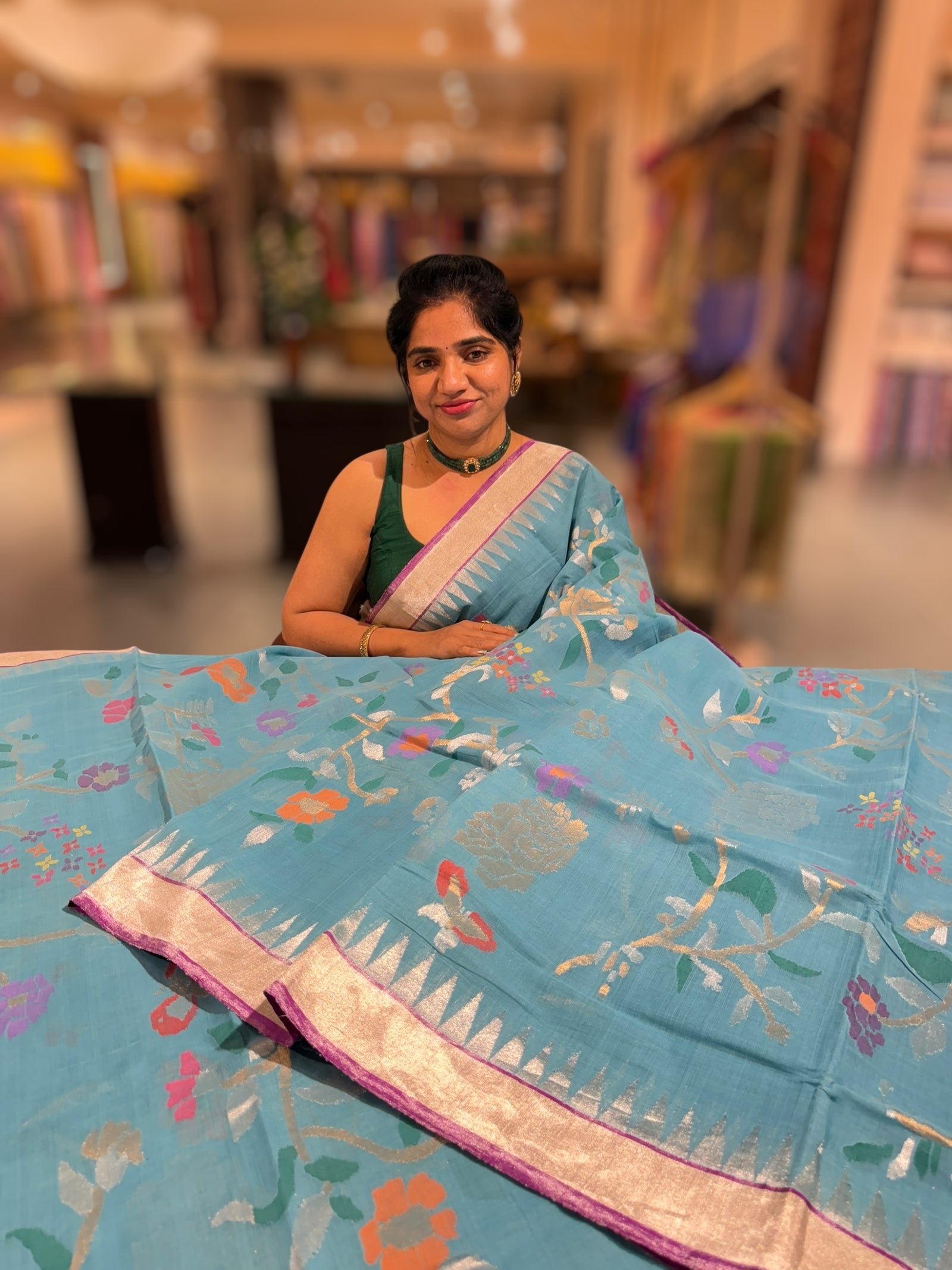 Blue Ponduru Khadi Jamdani Allover Meenkari Weaving Saree