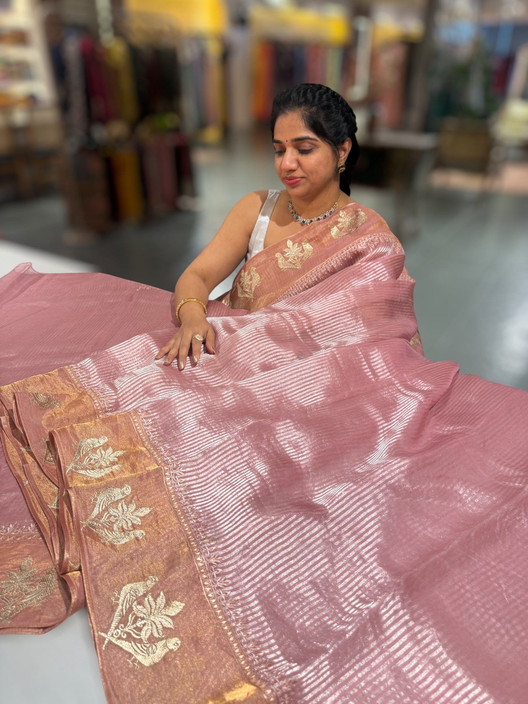 Dusty Pink Kora tissue silver stripes Saree with double parrot  embroidered tissue border