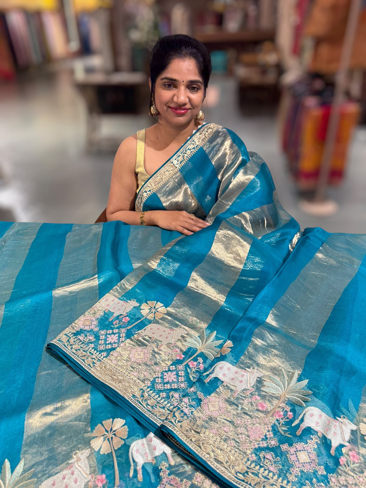 Peacock Blue Kora Tissue Stripes Saree With Jamdani  & Pichwai embroidered Border