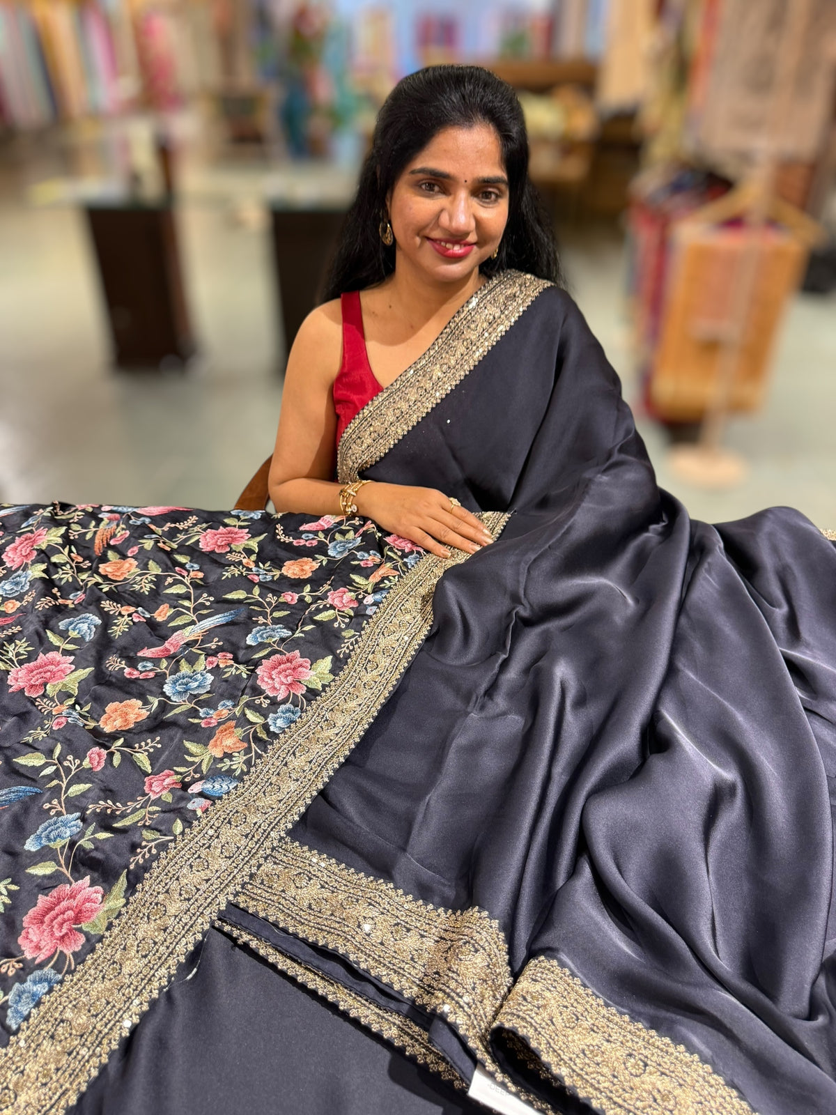 Midnight Blue Pure Satin Saree with Sabhyasachi Borders