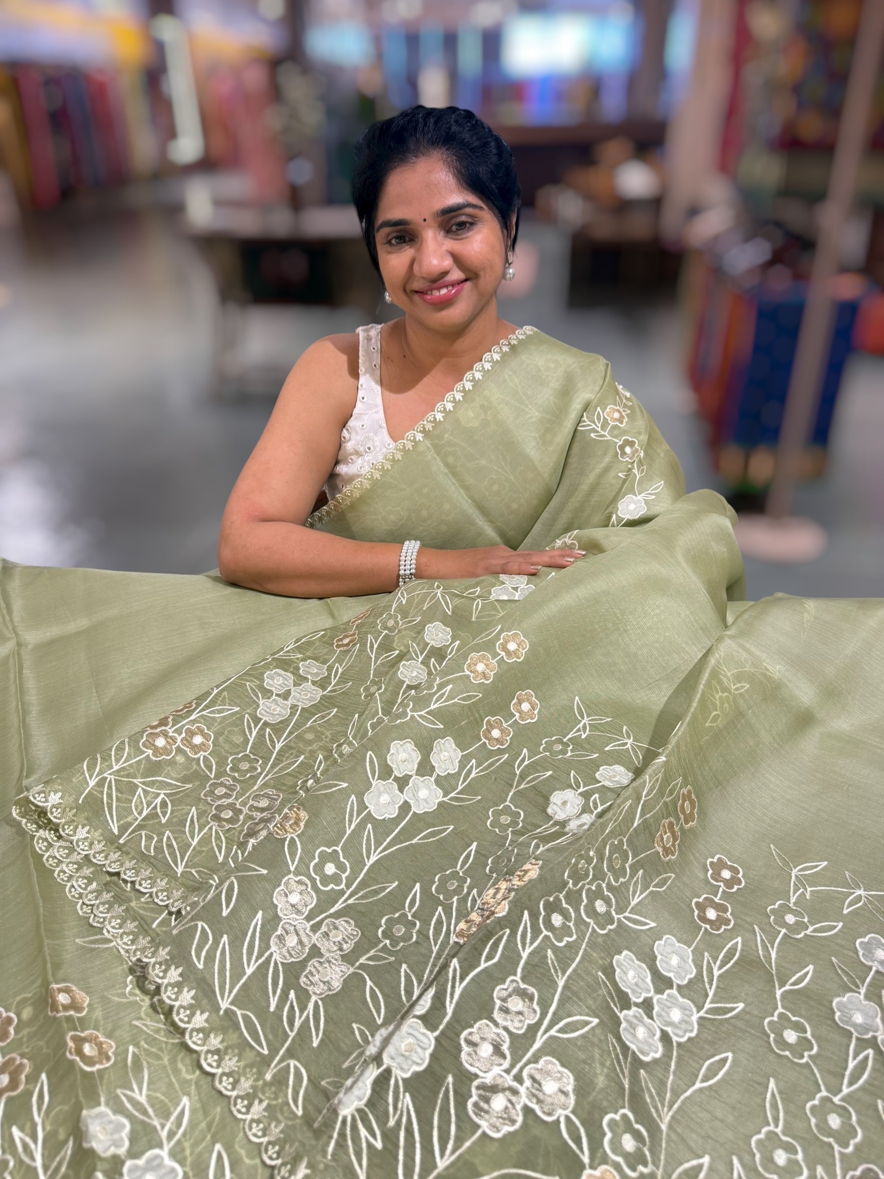 Olive Organza Saree With Tissue Applique Work