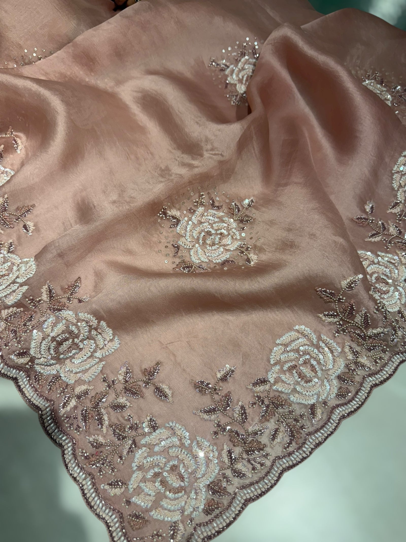 Nude Pink Organza with Rose handwork