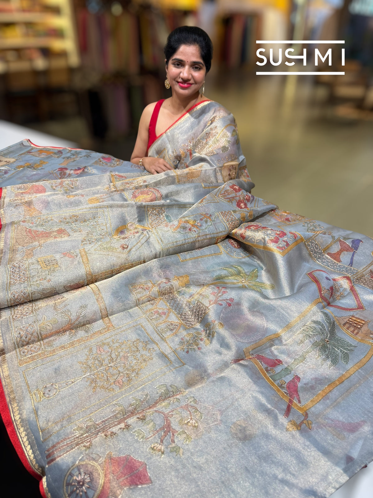 Dusty Blue Banarasi printed Tissue saree with handwork D62F059