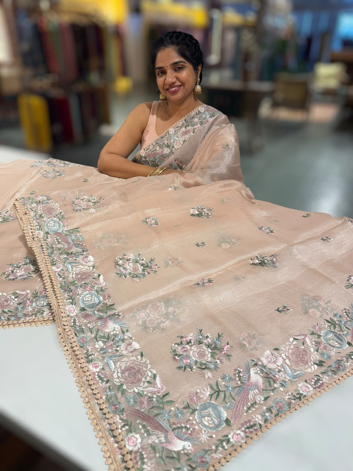 Pastel Pink Pure Tissue Saree With Parsi Gara Embroidery