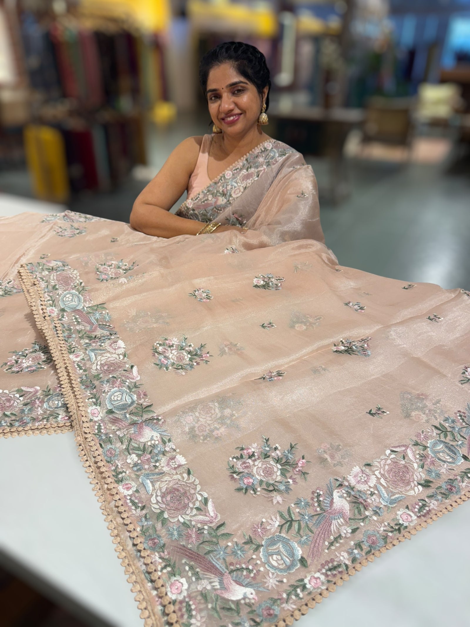 Pastel Pink Pure Tissue Saree With Parsi Gara Embroidery