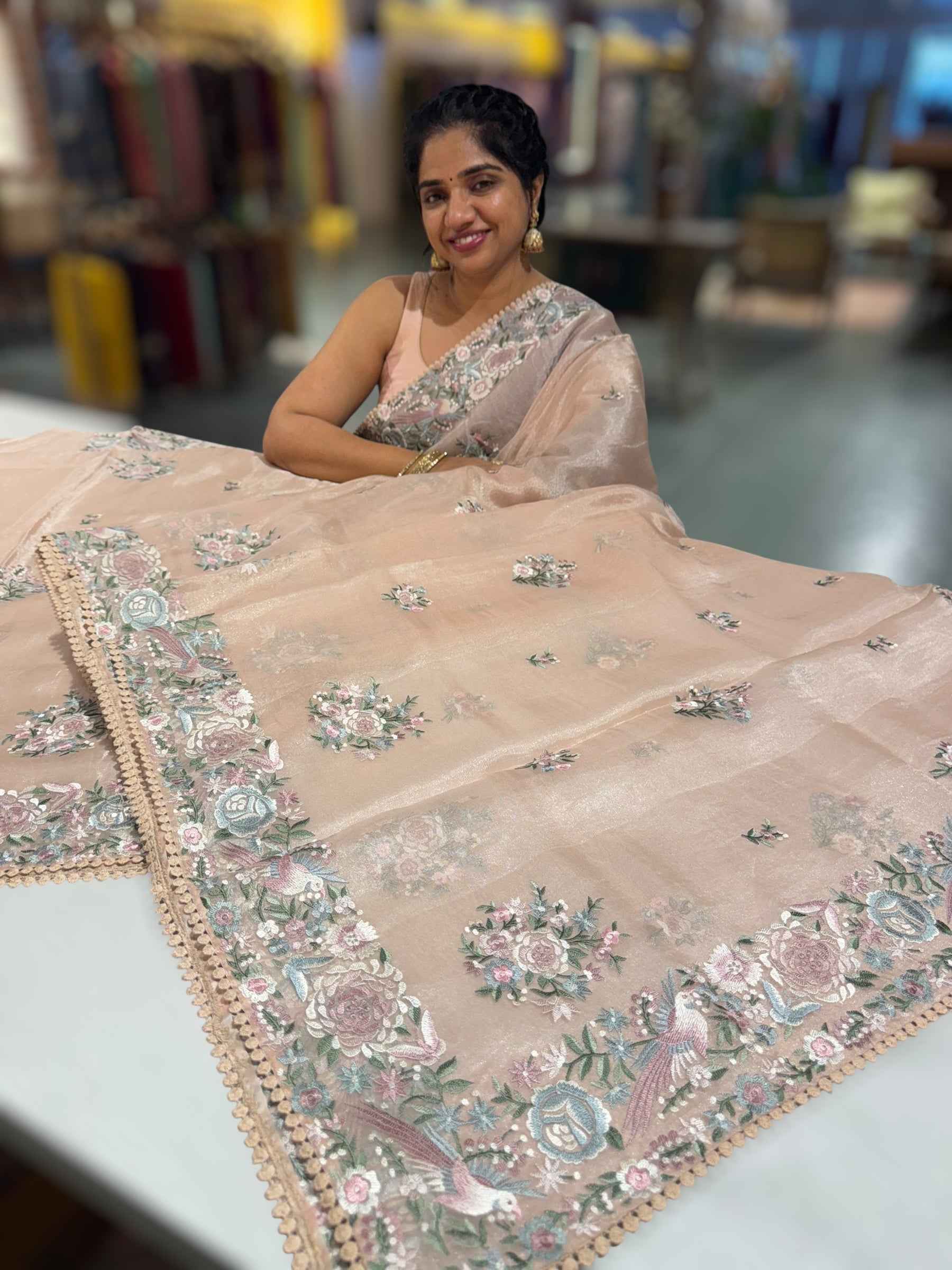 Pastel Pink Pure Tissue Saree With Parsi Gara Embroidery