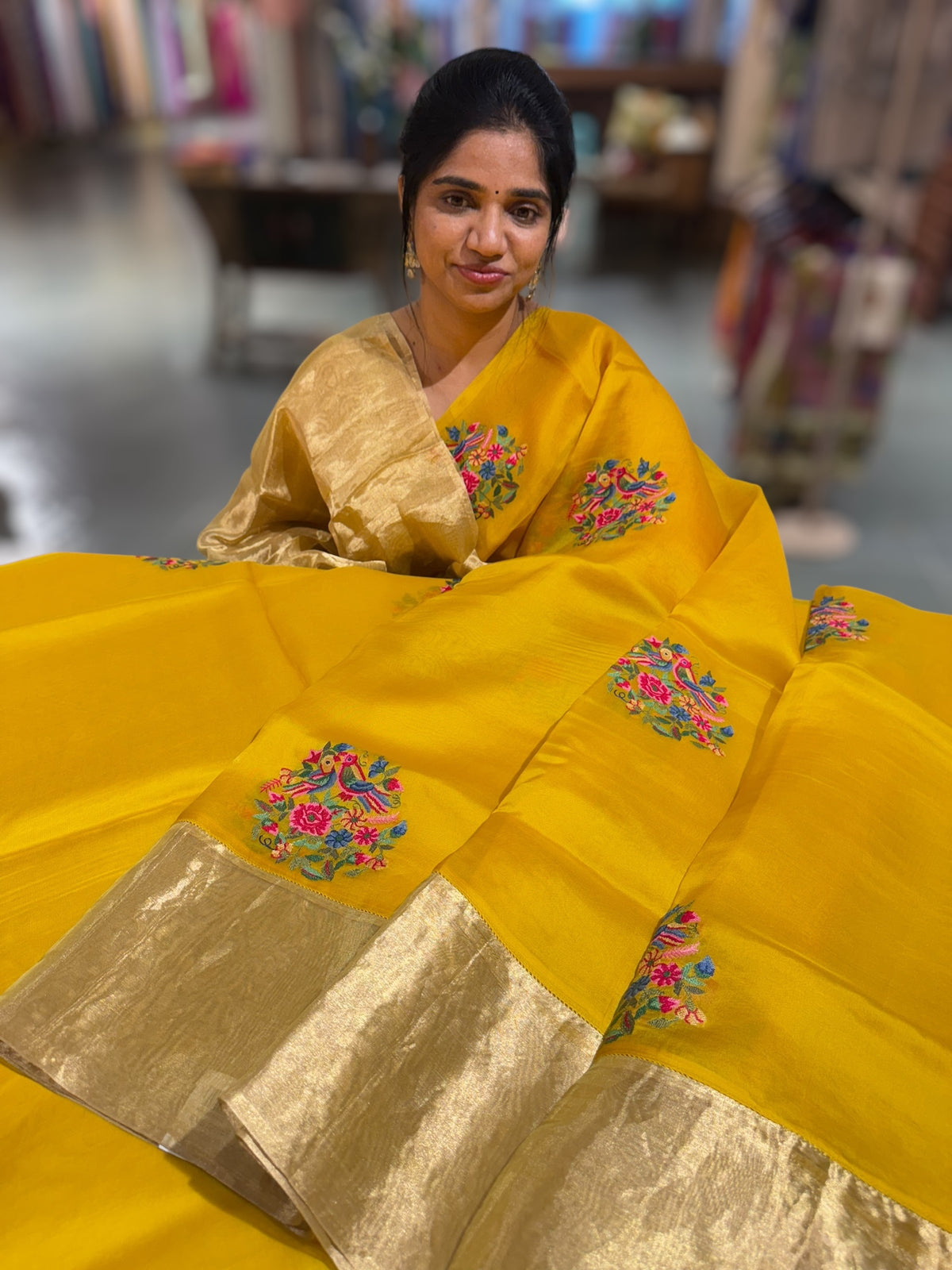 Yellow Organza Saree with pure Tissue Border