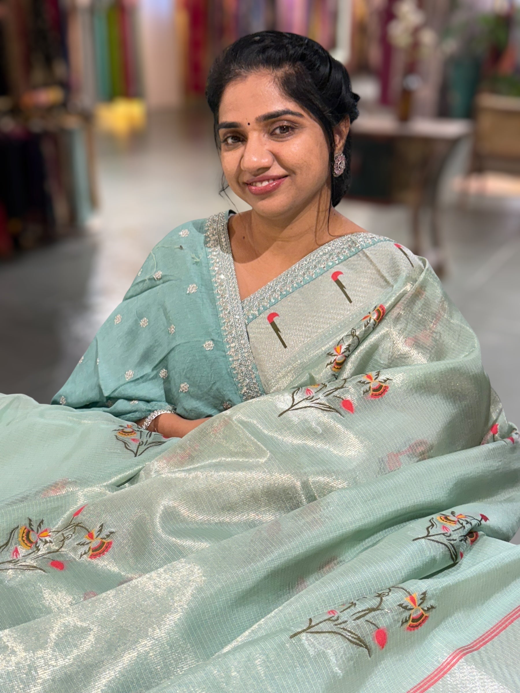 Sea Blue Tissue Kota Saree With sabhyasachi Borders and Blouses